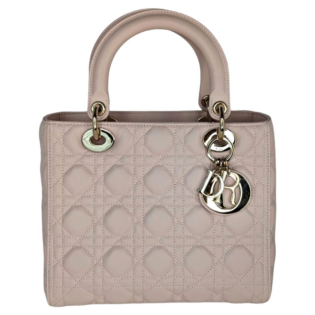 Christian Dior Powder Pink Cannage Lambskin Medium Lady Dior For Sale