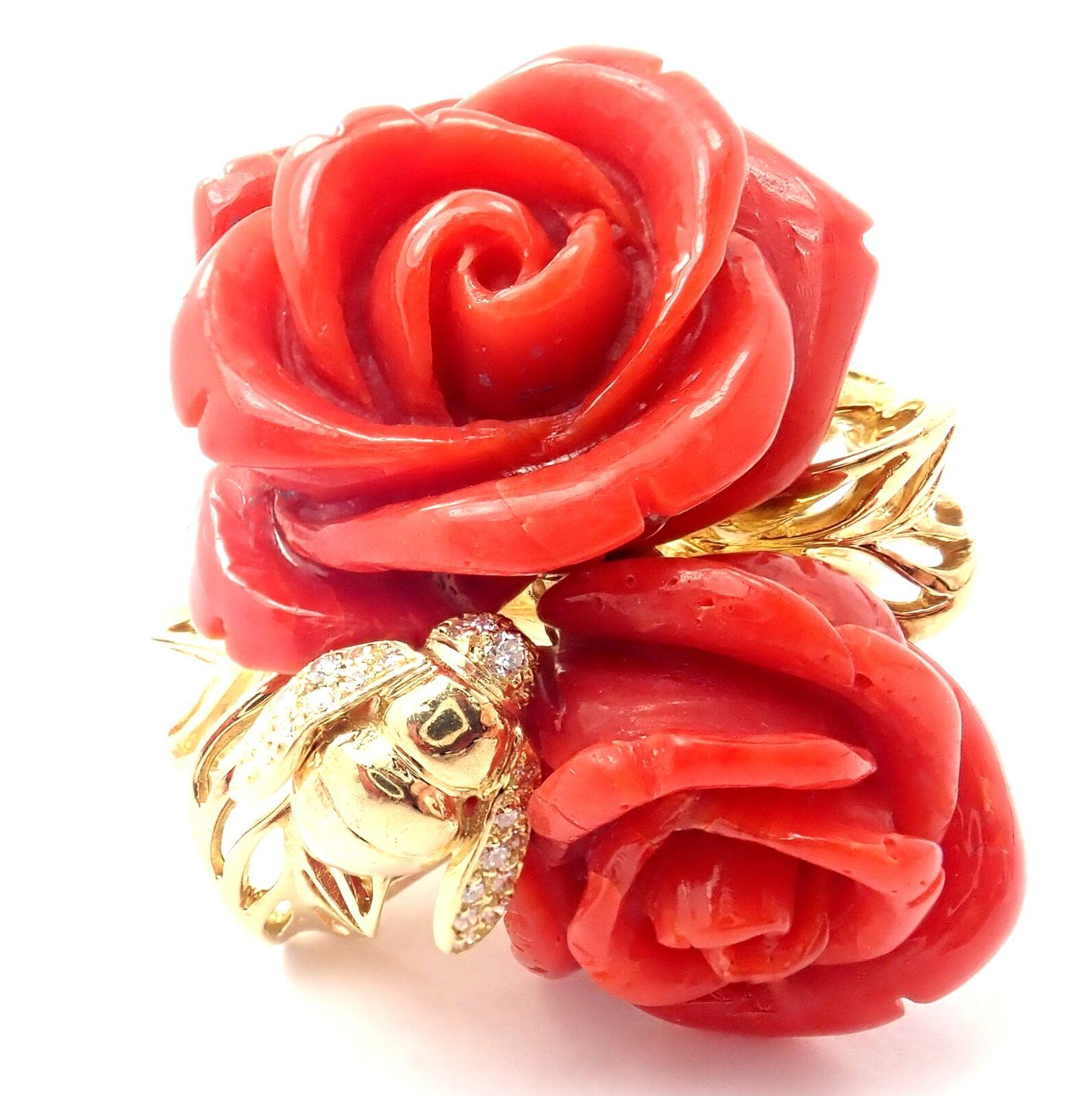 18k Yellow Gold Rose Pre Catelan Oxblood Coral, Diamond Bee Rose Ring by Christian Dior. 
This ring comes with an original Dior box. 
With Two Oxblood Coral Rose Flowers: 25x25mm and 20x20mm. 
Round brilliant cut diamonds, VVS1 clarity, F color