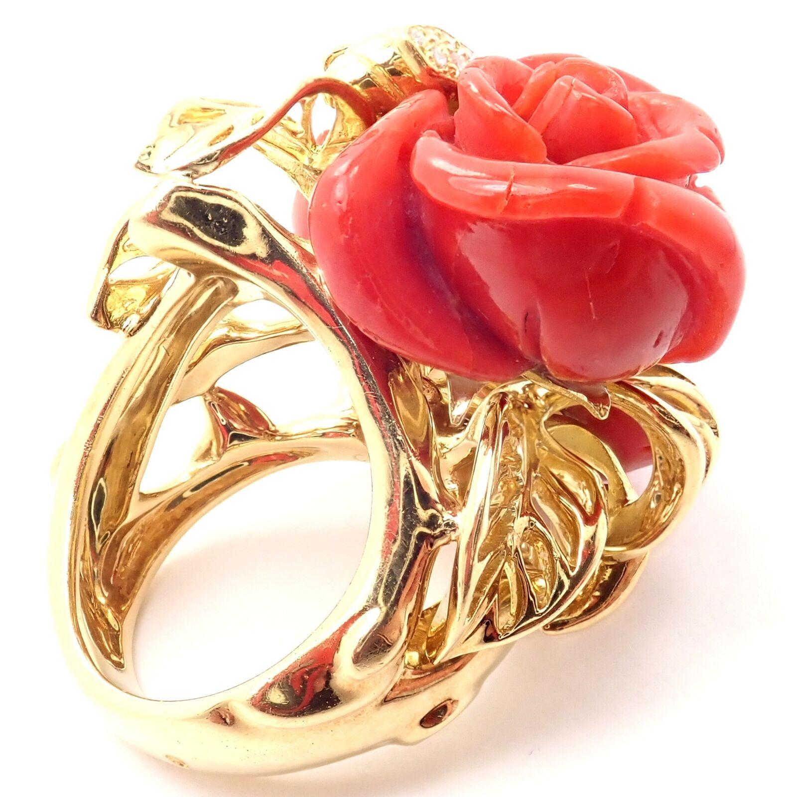 Brilliant Cut Christian Dior Pre Catelan Oxblood Coral Diamond Bee Rose Yellow Gold Ring