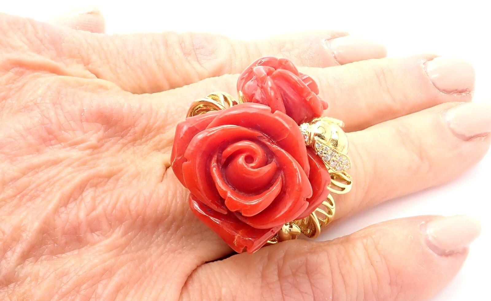 Women's or Men's Christian Dior Pre Catelan Oxblood Coral Diamond Bee Rose Yellow Gold Ring