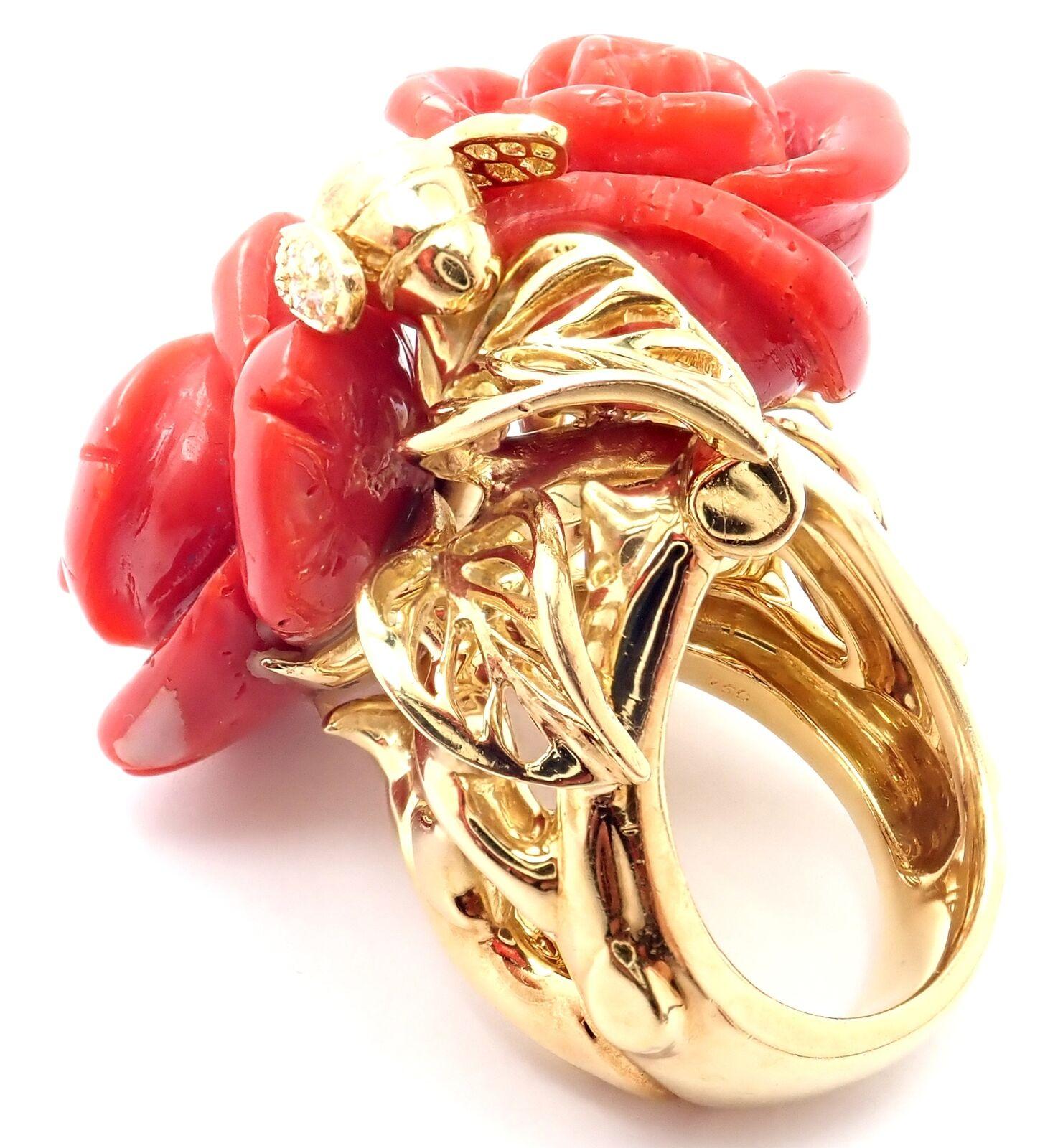 Christian Dior Pre Catelan Oxblood Coral Diamond Bee Rose Yellow Gold Ring 1