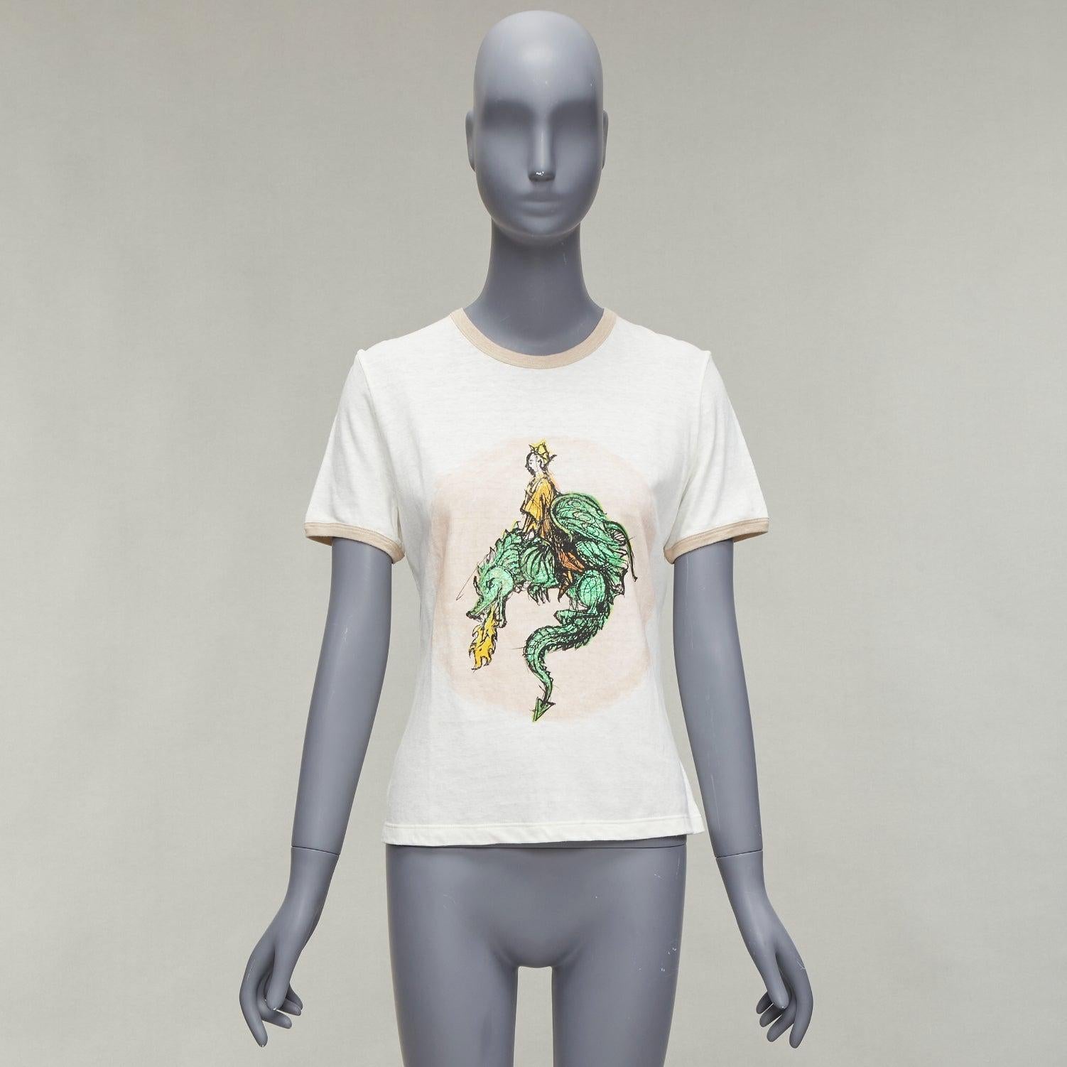 CHRISTIAN DIOR Princess and Dragon green cream beige foil print ringer tshirt XS For Sale 6