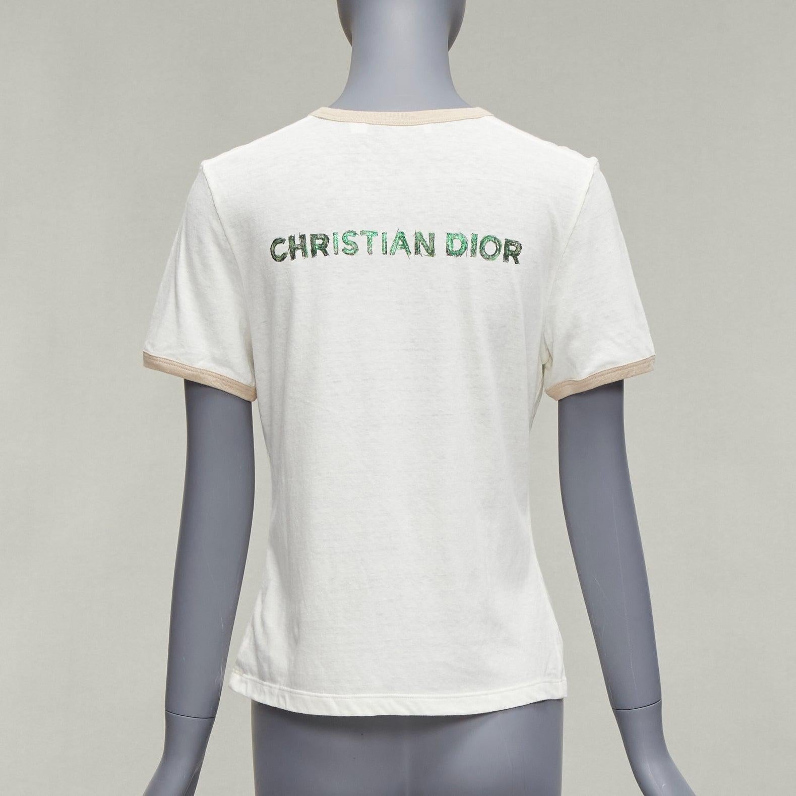 Women's CHRISTIAN DIOR Princess and Dragon green cream beige foil print ringer tshirt XS For Sale