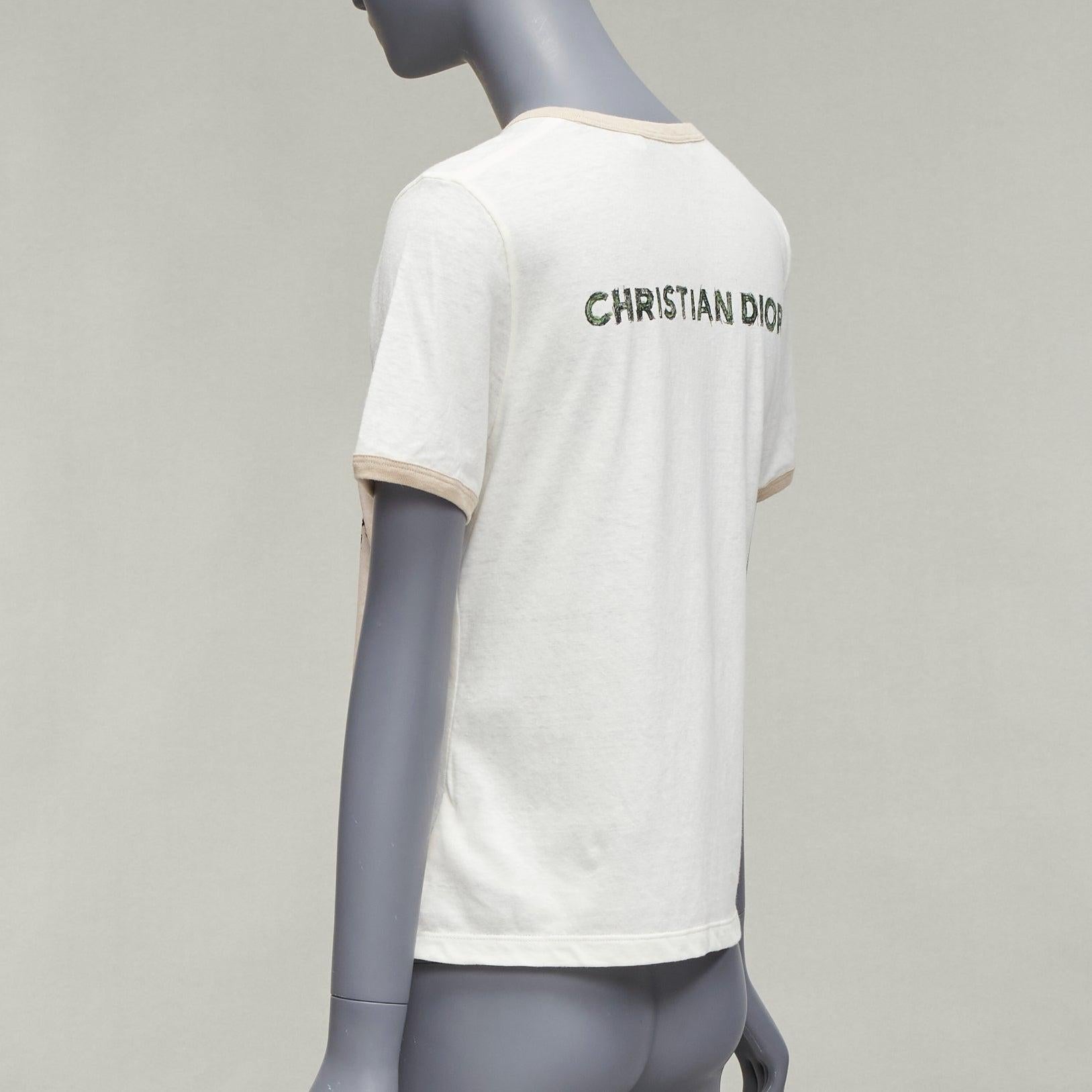 CHRISTIAN DIOR Princess and Dragon green cream beige foil print ringer tshirt XS For Sale 1