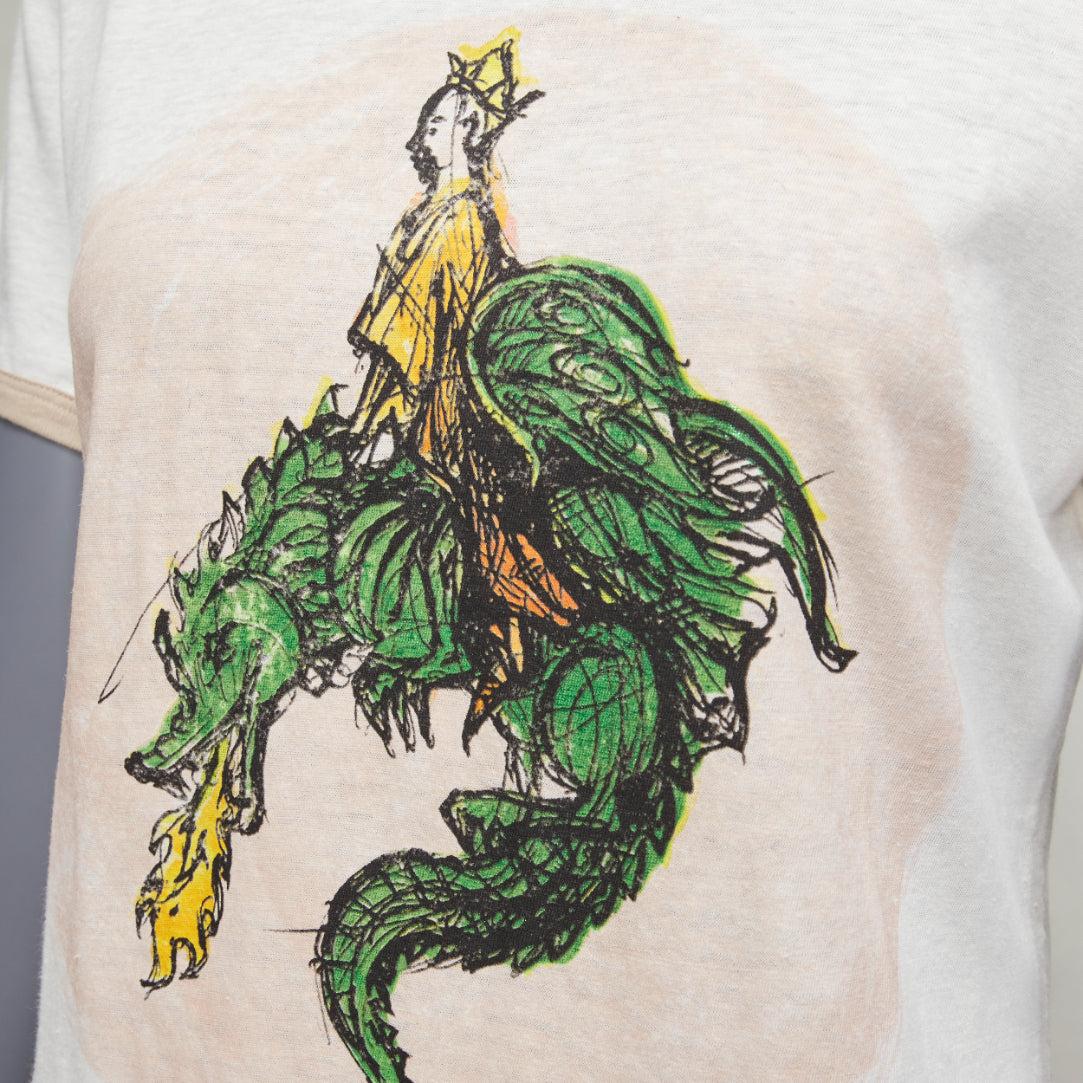 CHRISTIAN DIOR Princess and Dragon green cream beige foil print ringer tshirt XS For Sale 3