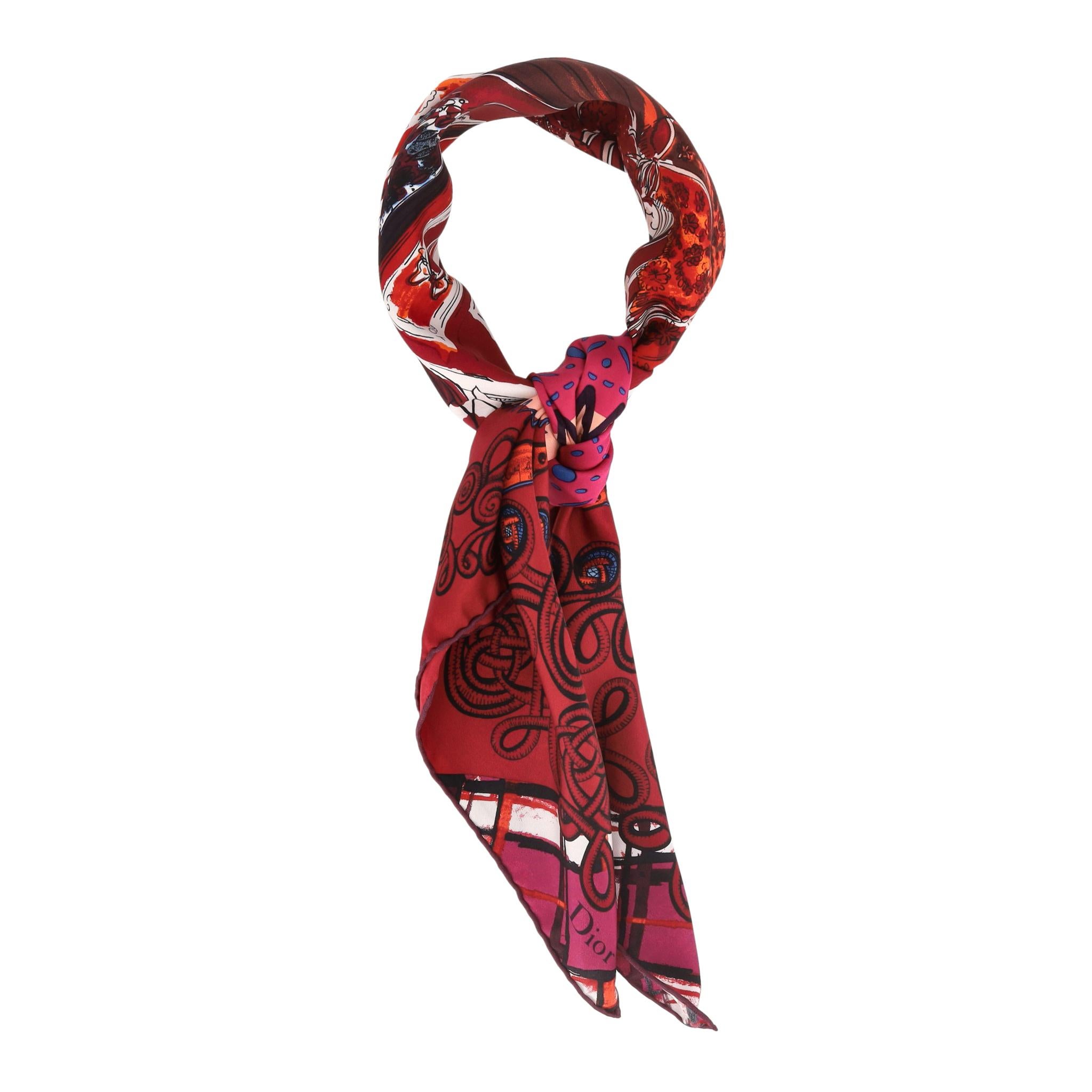 Brown Christian Dior Printed Silk Carre Scarf For Sale