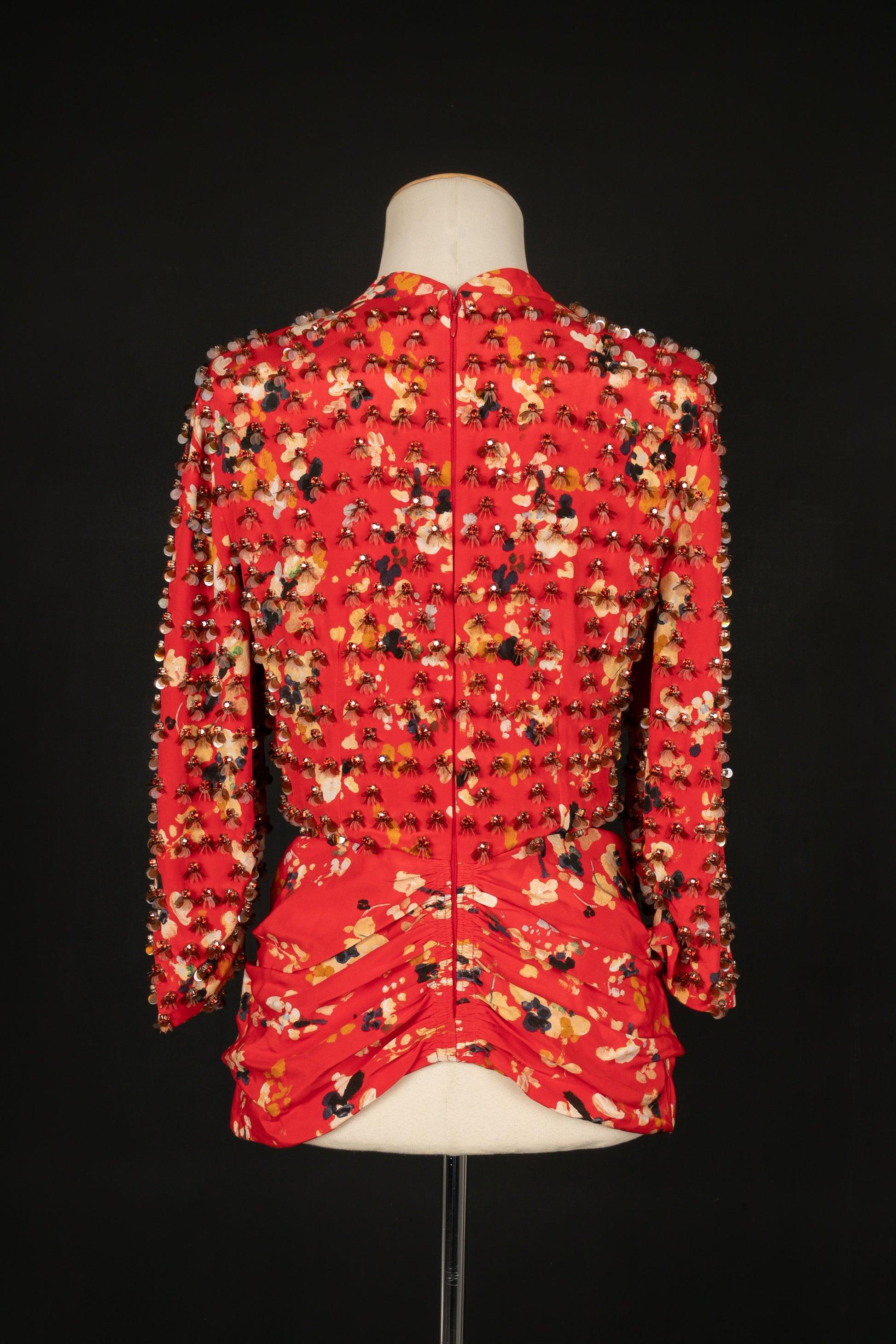 Red Christian Dior Printed Silk Top with Costume Pearls, 2017