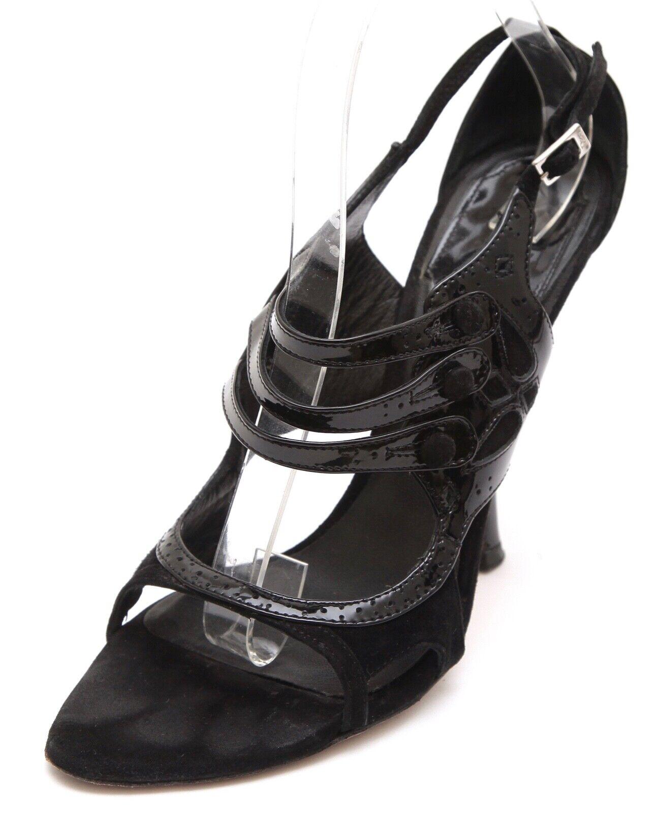 CHRISTIAN DIOR Pump Black Patent Leather Suede Peep Toe Strappy Heel Heels 37.5 In Good Condition For Sale In Hollywood, FL