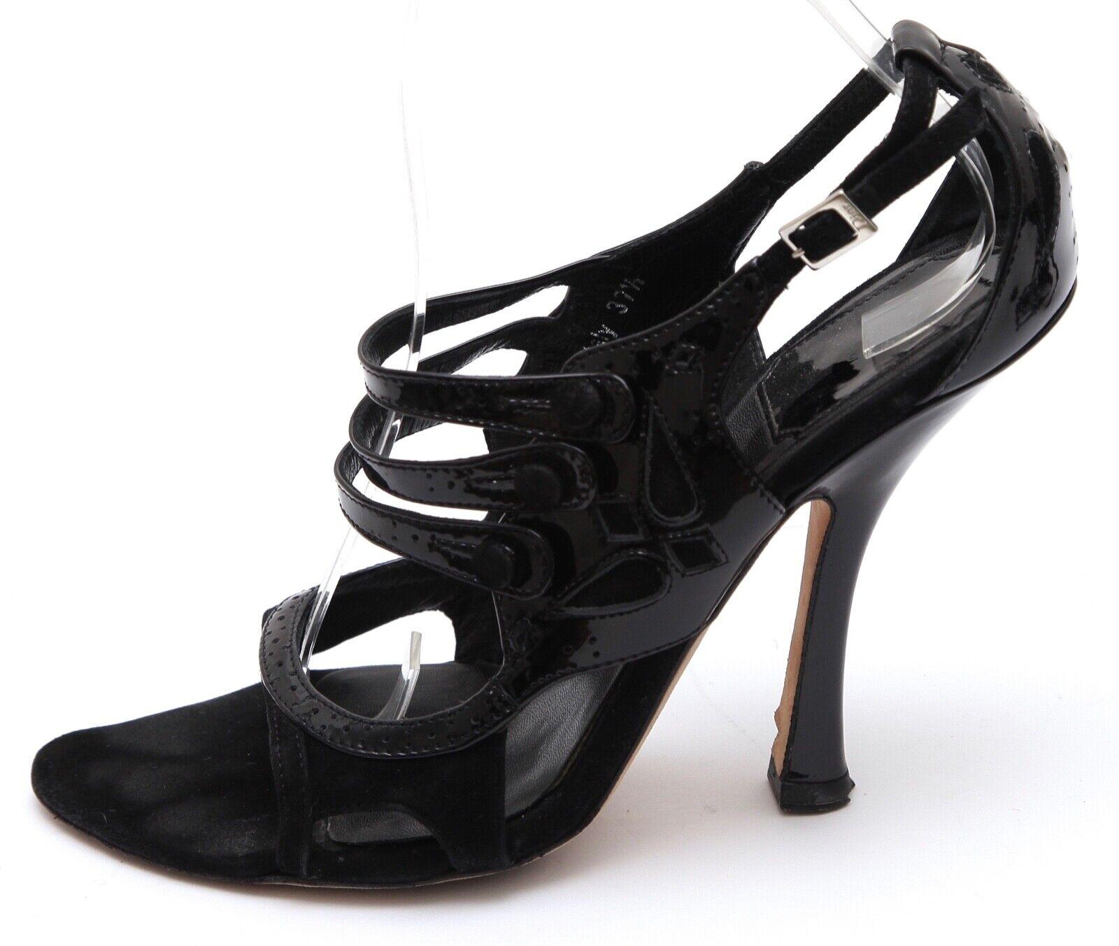 Women's CHRISTIAN DIOR Pump Black Patent Leather Suede Peep Toe Strappy Heel Heels 37.5 For Sale