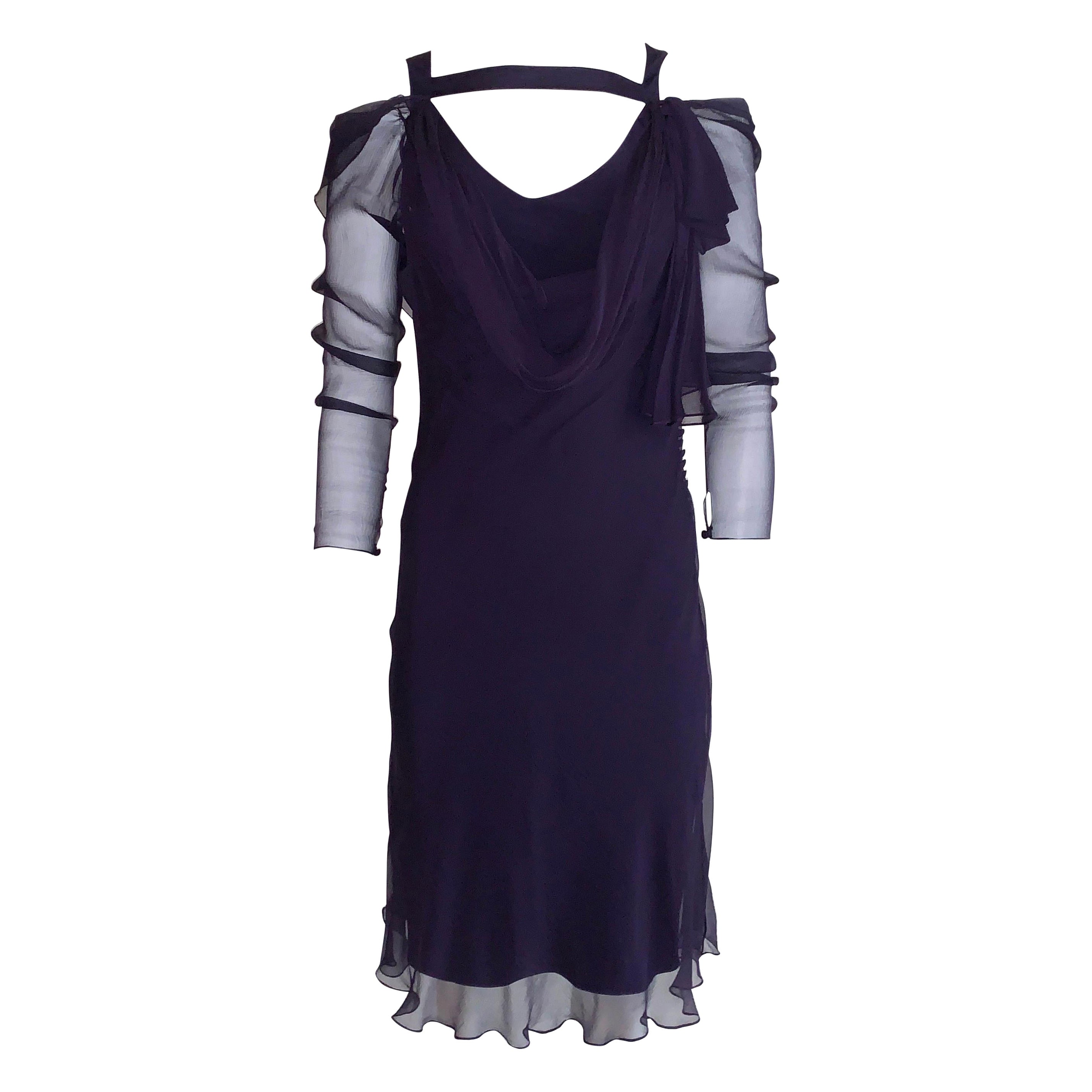 Christian Dior Purple Chiffon Draped Cold Shoulder Cocktail Dress