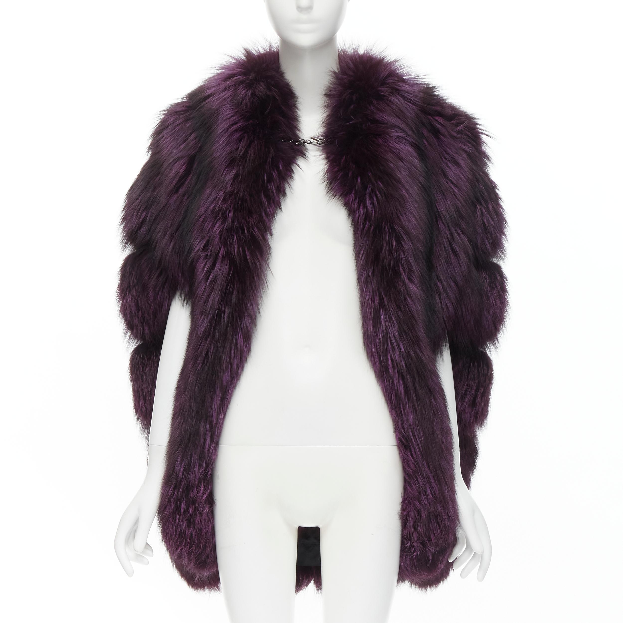 CHRISTIAN DIOR purple dyed Silver Fox fur chained collar oversized cape coat 
Reference: ZING/A00170 
Brand: Christian Dior 
Color: Purple 
Pattern: Solid 
Extra Detail: Antique silver-tone hook chain at collar. Slit sleeves cape. 
Made in: France