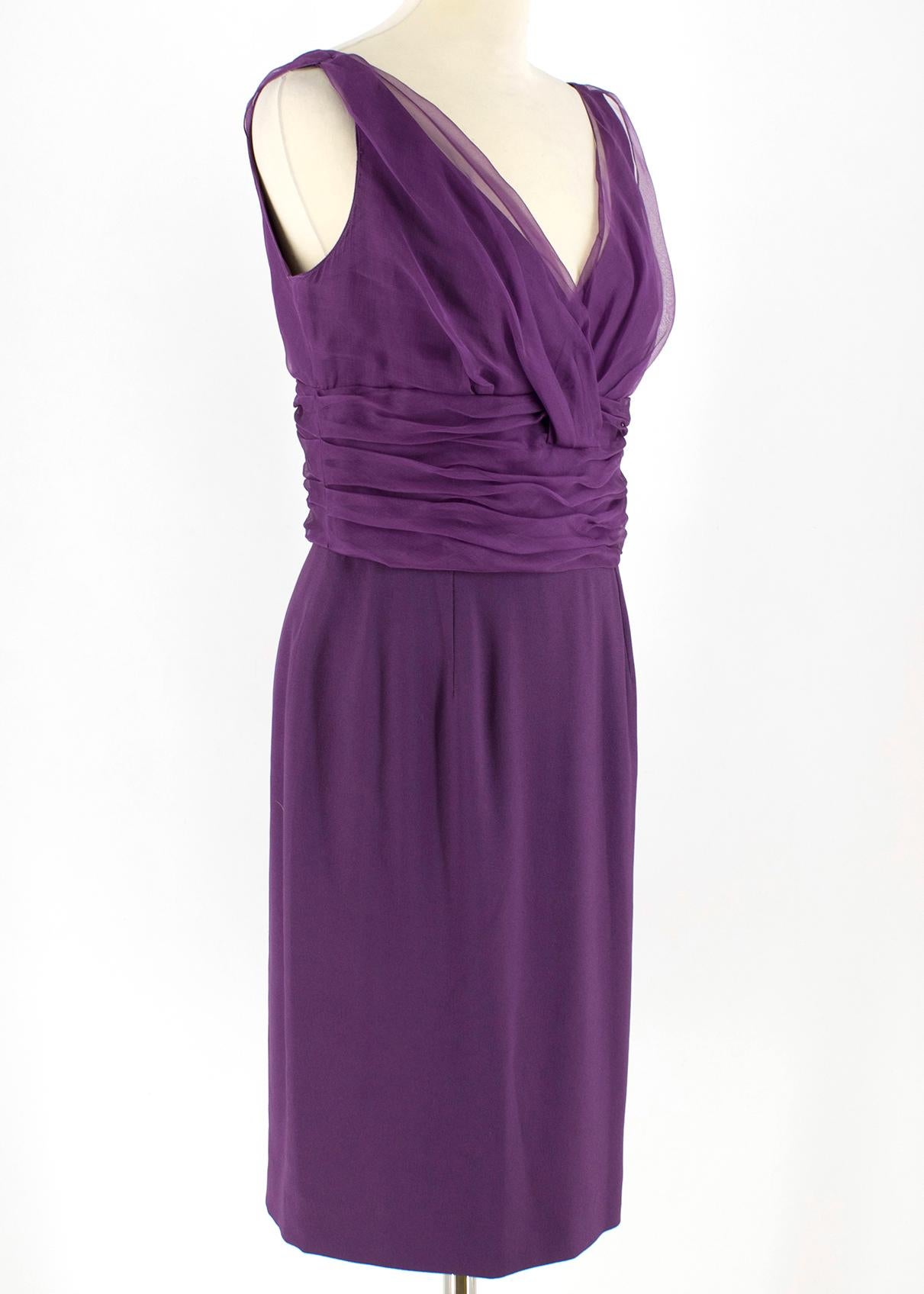 Christian Dior Purple Pleated Draped Dress

- Purple, pleated waist and bust
- Crossover detailed bust
- Sleeveless
- Side buttoned loop fastening closure
- V-neck
- 57% acetate, 43% viscose, double lining- 100% silk

Please note, these items are