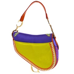 Christian Dior Purple Red Multi Satin Embroidered Gold Saddle Shoulder Bag