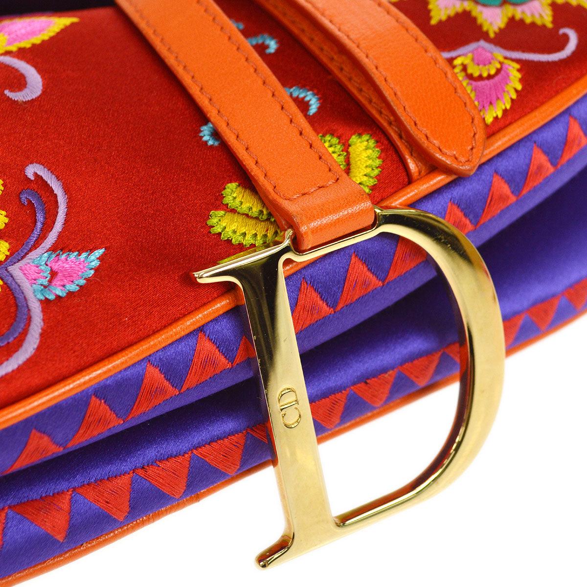 Christian Dior Purple Red Multi Satin Embroidered Gold Saddle Shoulder Bag In Good Condition In Chicago, IL