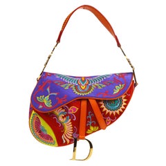 Christian Dior Purple Red Multi Satin Embroidered Gold Saddle Shoulder Bag