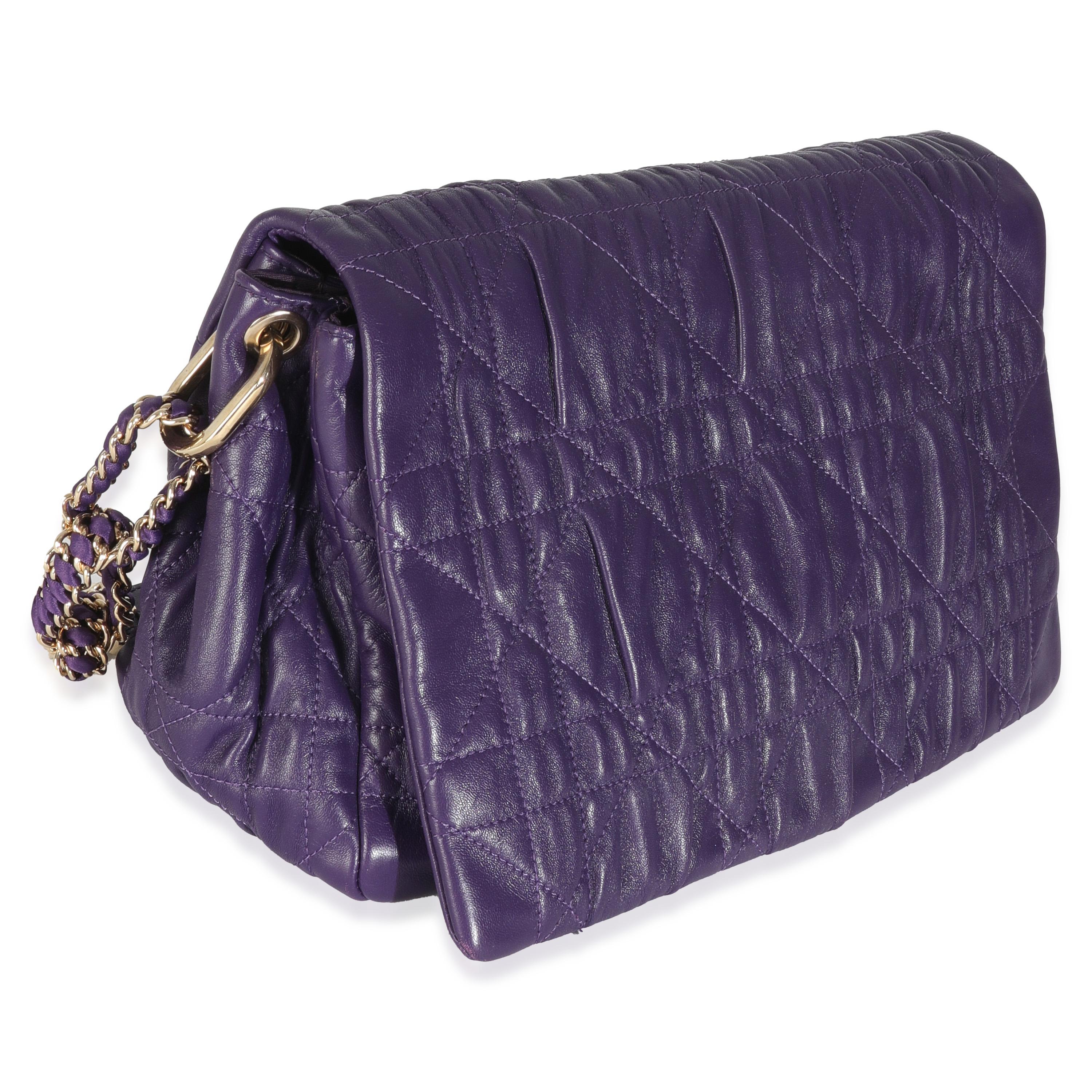 Christian Dior Purple Ruched Lambskin Delidior Flap Bag In Excellent Condition For Sale In New York, NY