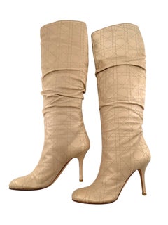 Christian Dior Quilted Beige Leather Knee High Stiletto Boots EU 40