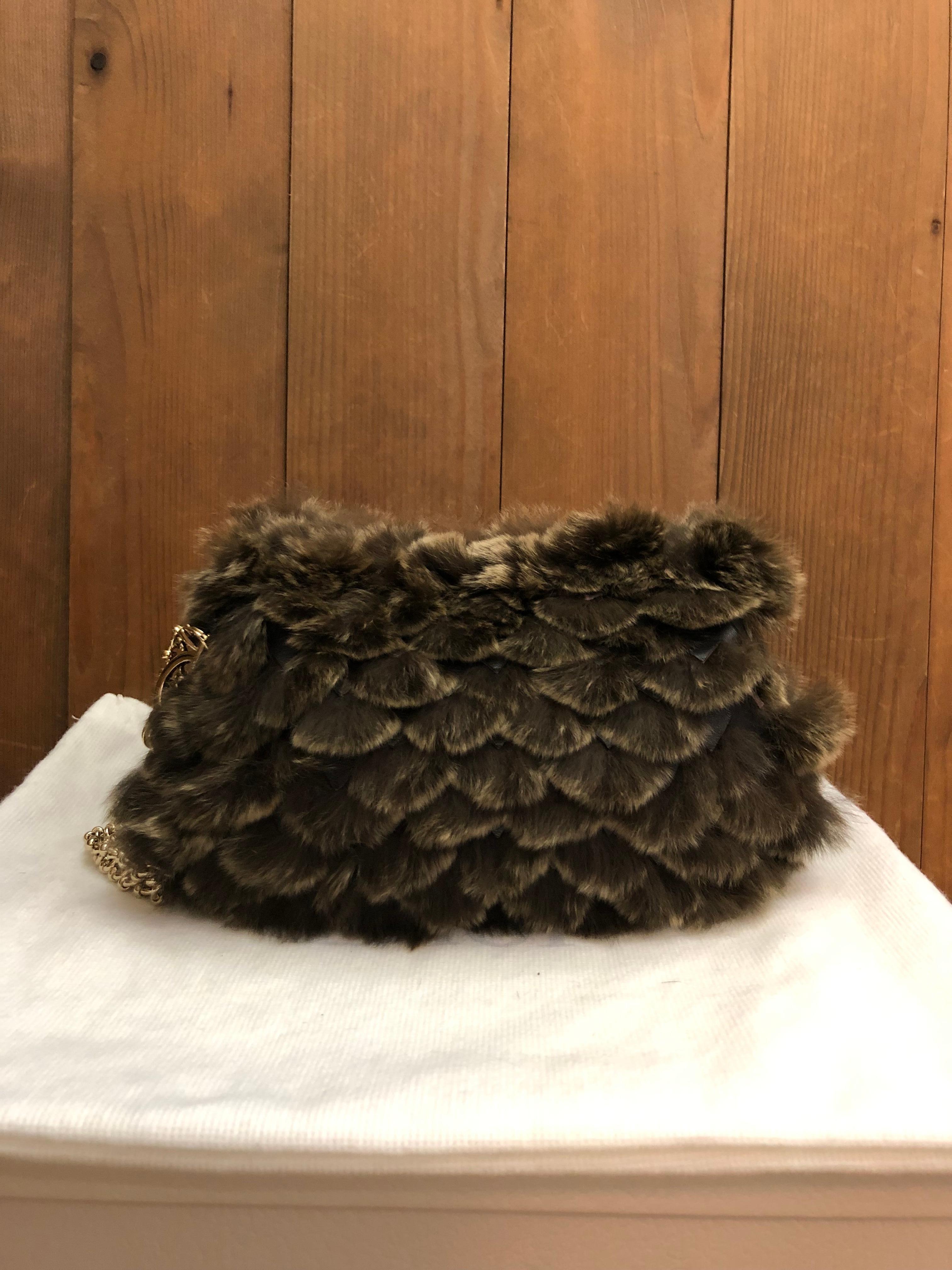 Black CHRISTIAN DIOR Rabbit Fur Chain Bag Brown Gray For Sale