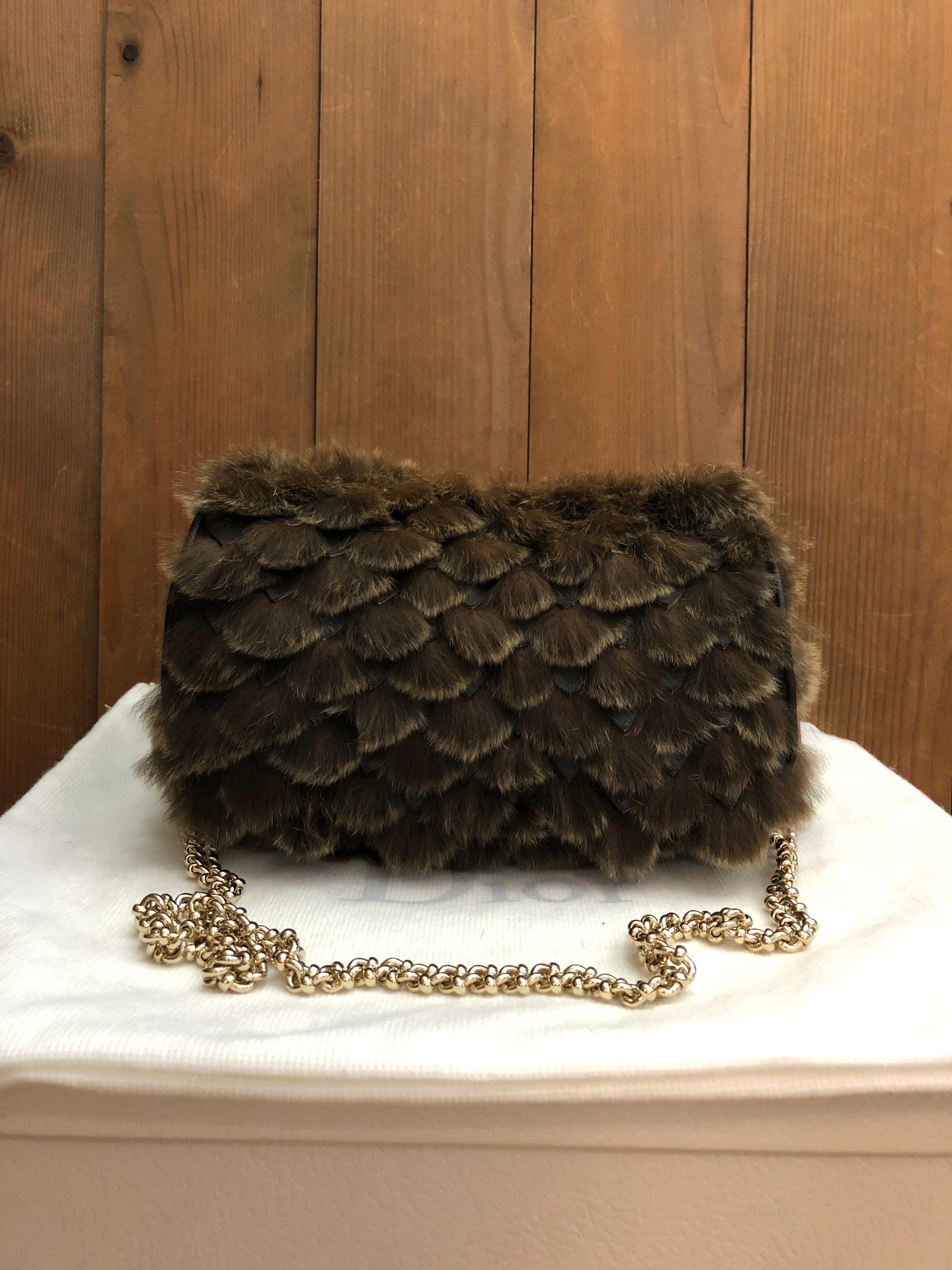 CHRISTIAN DIOR Rabbit Fur Chain Bag Brown Gray In Excellent Condition For Sale In Bangkok, TH