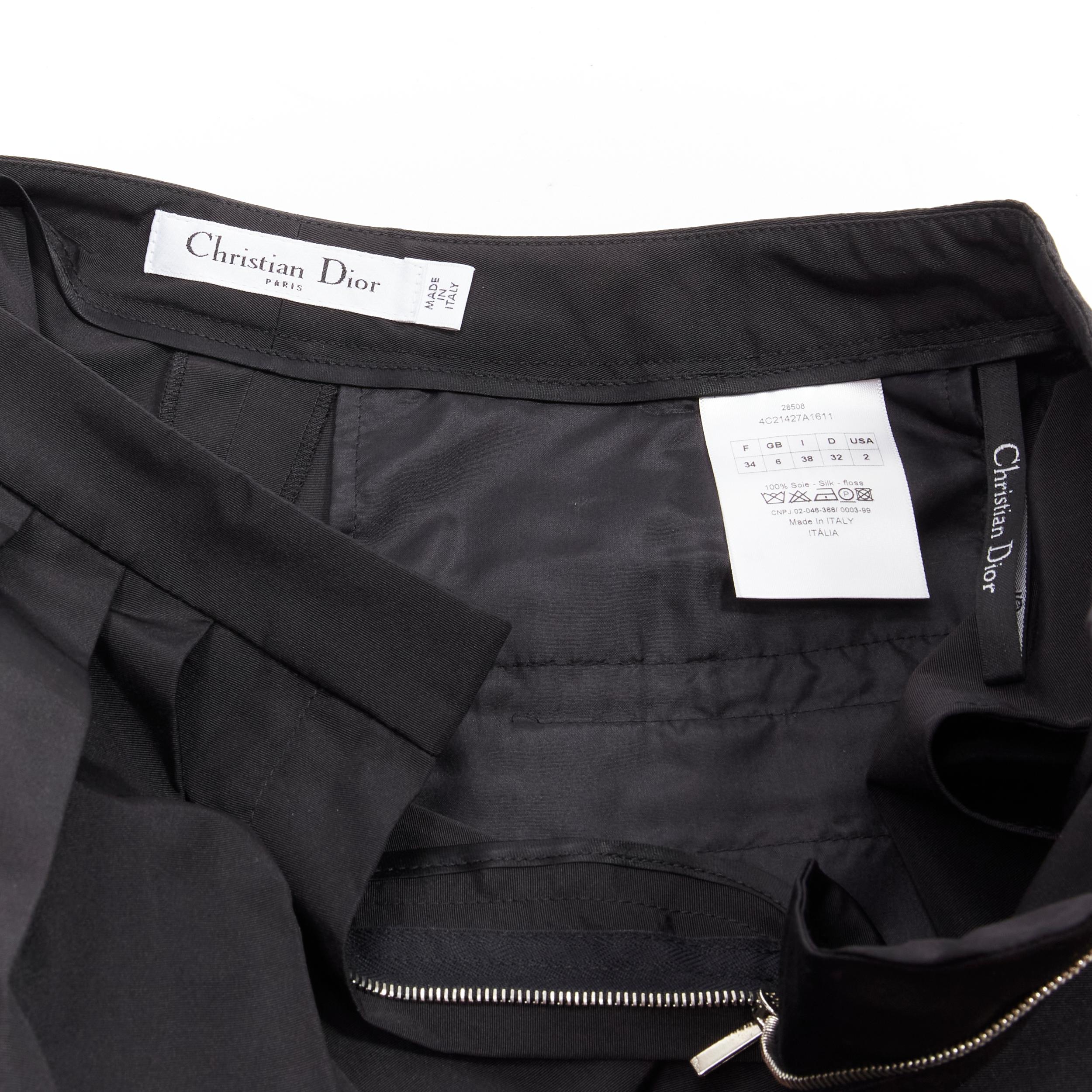 CHRISTIAN DIOR Raf Simons black silk asymmetrical pleated flared shorts FR34 XS For Sale 4