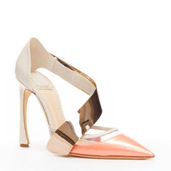 CHRISTIAN DIOR Raf Simons metal bar pink patent curved heel pumps EU38