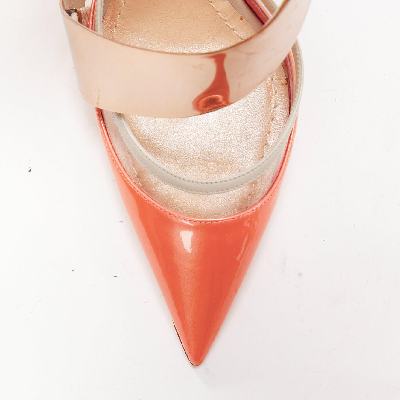 CHRISTIAN DIOR Raf Simons metal bar pink patent curved heel pumps EU38 3