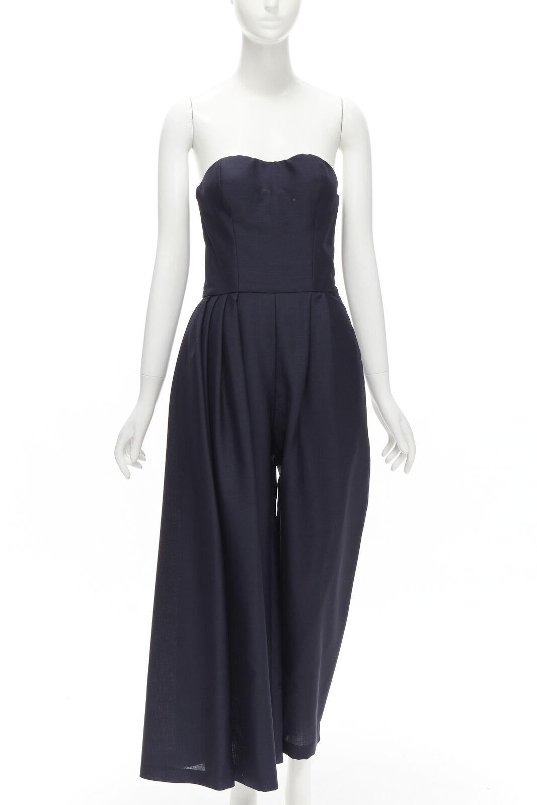 CHRISTIAN DIOR Raf Simons navy asymmetrical leg strapless corset jumpsuit FR36 S In Excellent Condition For Sale In Hong Kong, NT