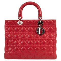 Christian Dior Lady Dior grand sac cannage en cuir d'agneau framboise