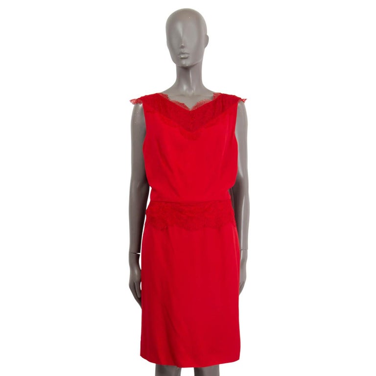 CHRISTIAN DIOR red acetate LACE TRIM COCKTAIL Dress 40 M For Sale at