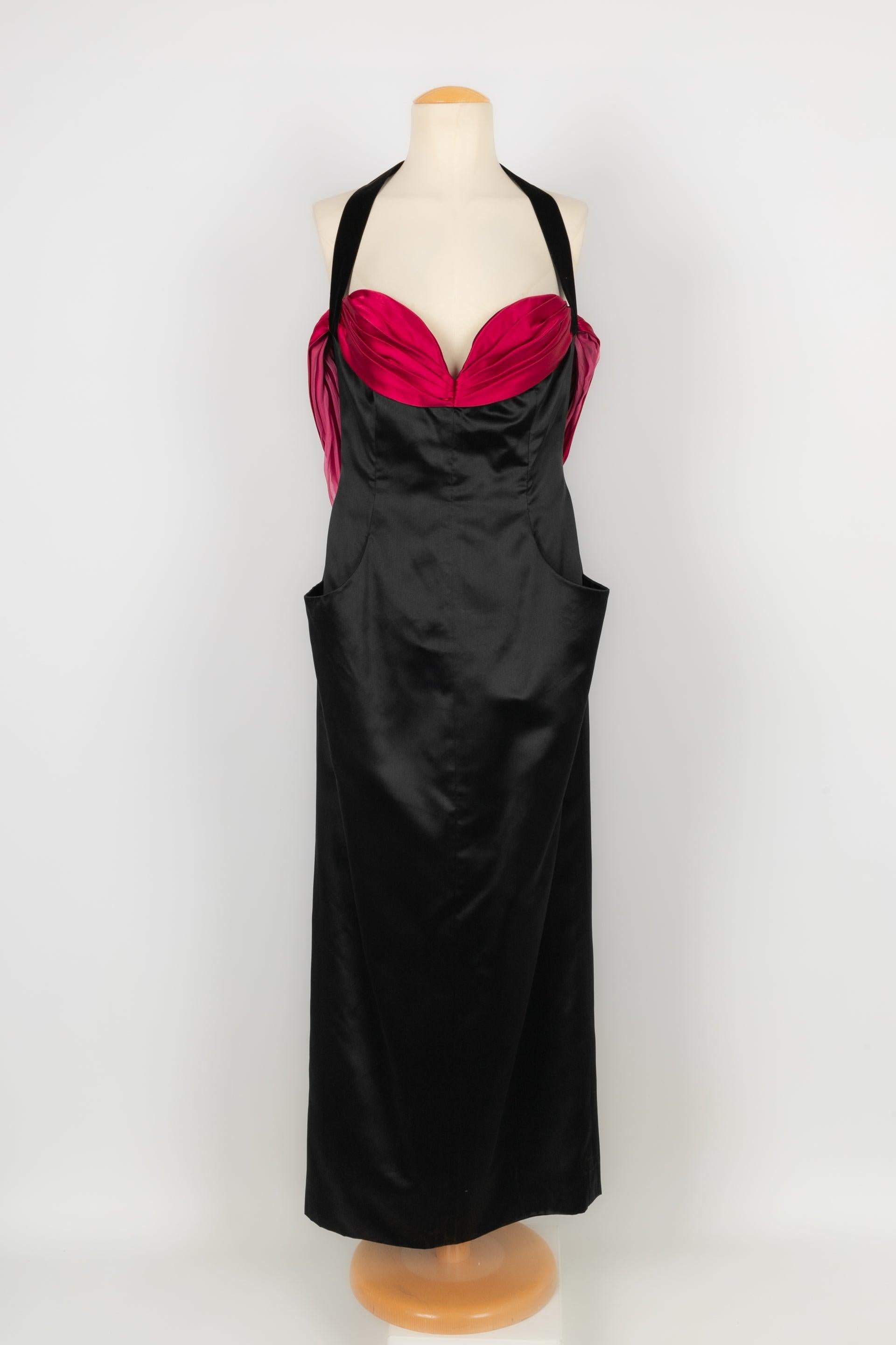 Christian Dior Red and Black Silk Satin Long Dress In Excellent Condition For Sale In SAINT-OUEN-SUR-SEINE, FR