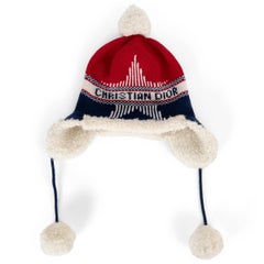 CHRISTIAN DIOR red blue white wool 2021 DIORALPS FLEECE TRIM SHAPKA Beanie Hat U