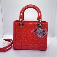 Christian Dior Red Cannage Patent Leather Medium Lady Dior Bag Silver Hardw