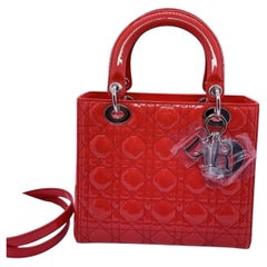 Christian Dior Red Cannage Patent Leather Medium Lady Dior Bag Silver Hardw