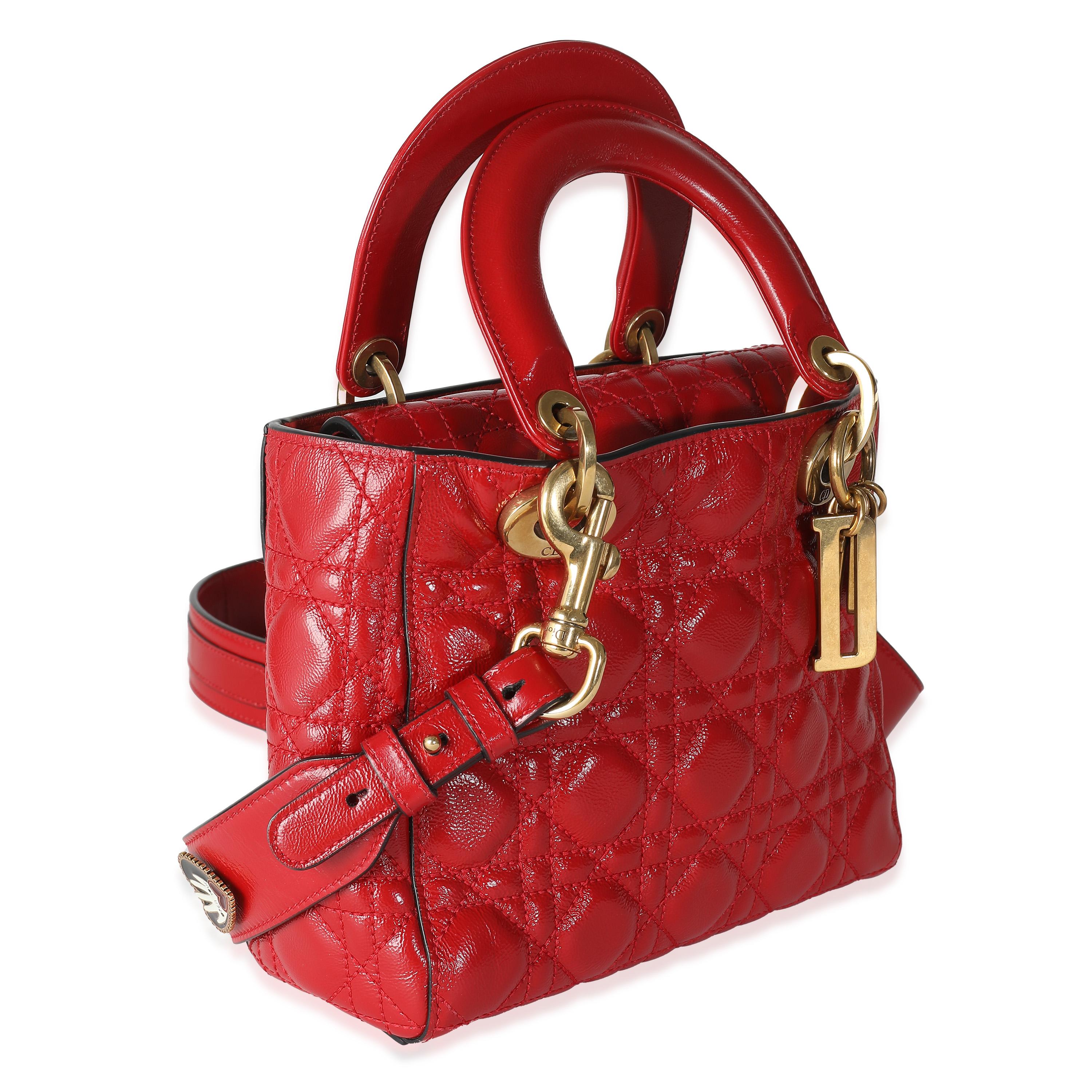 Christian Dior Red Crinkled Patent Cannage Small Lucky Badges My Lady Dior In Excellent Condition For Sale In New York, NY