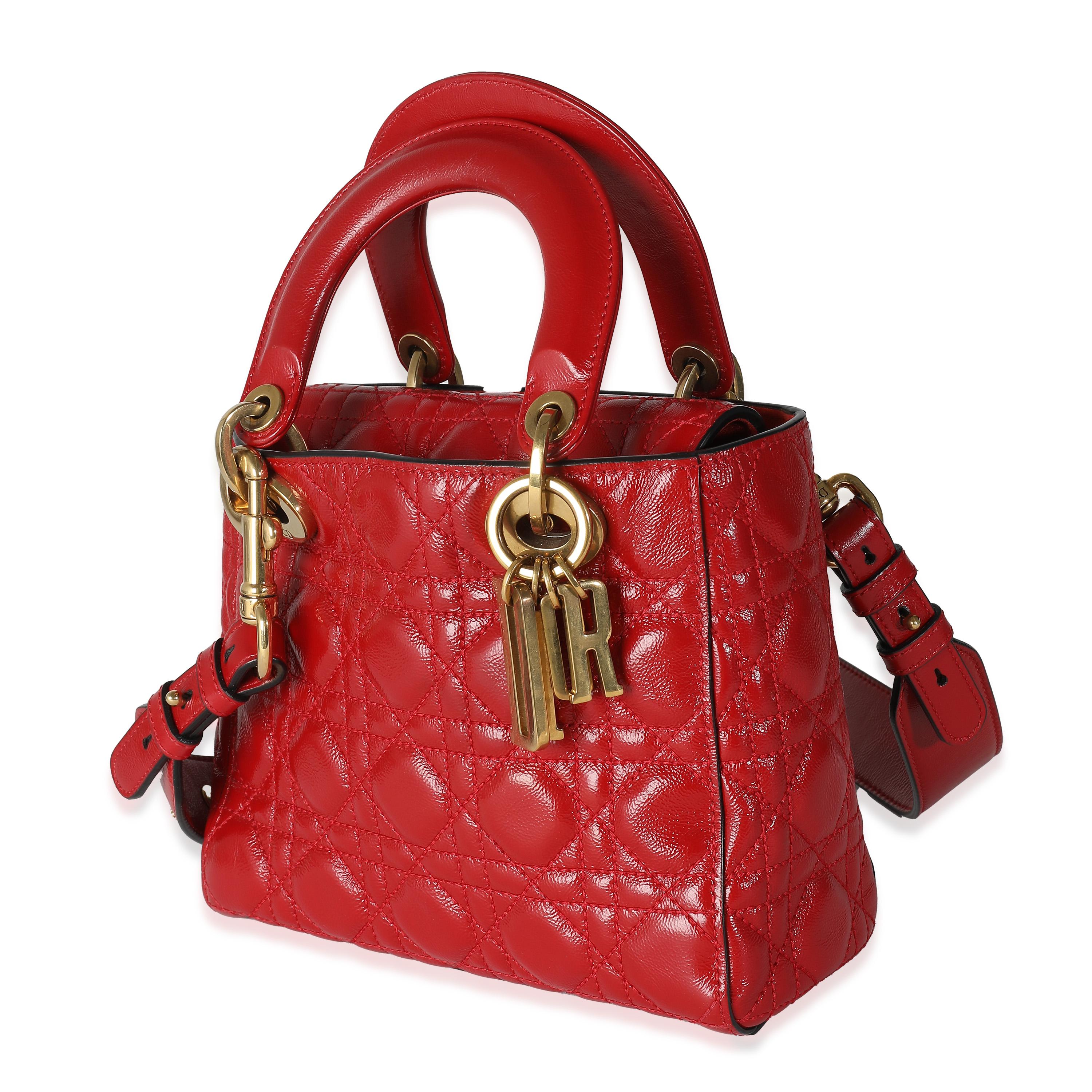 Women's Christian Dior Red Crinkled Patent Cannage Small Lucky Badges My Lady Dior For Sale