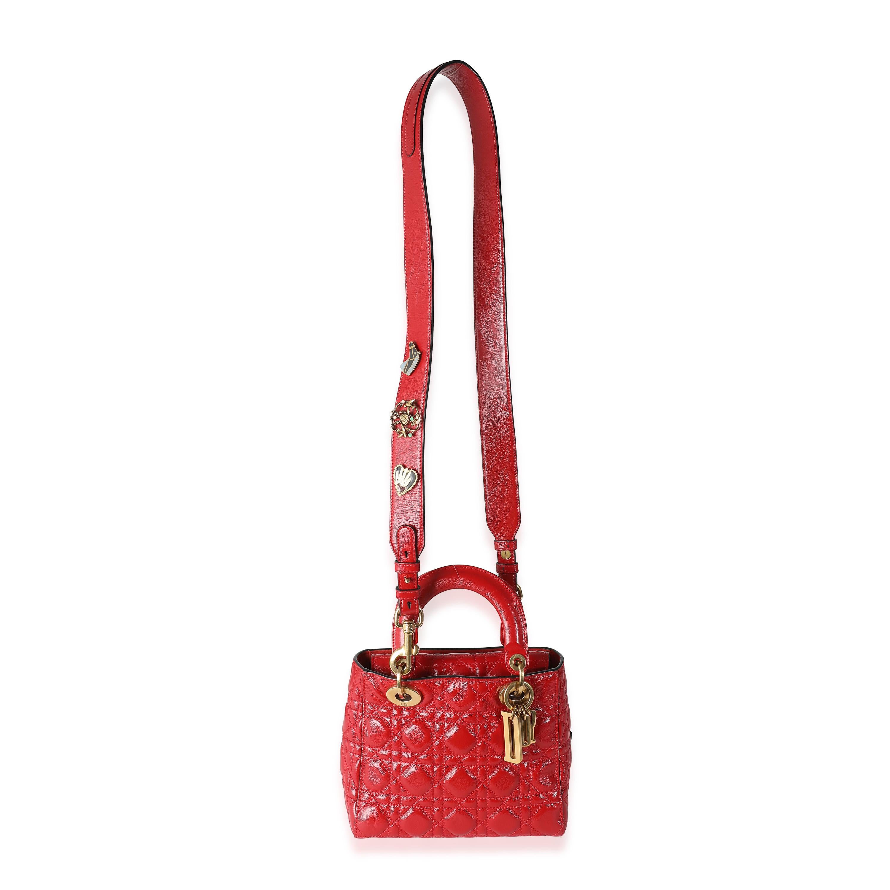 Christian Dior Red Crinkled Patent Cannage Small Lucky Badges My Lady Dior For Sale 2