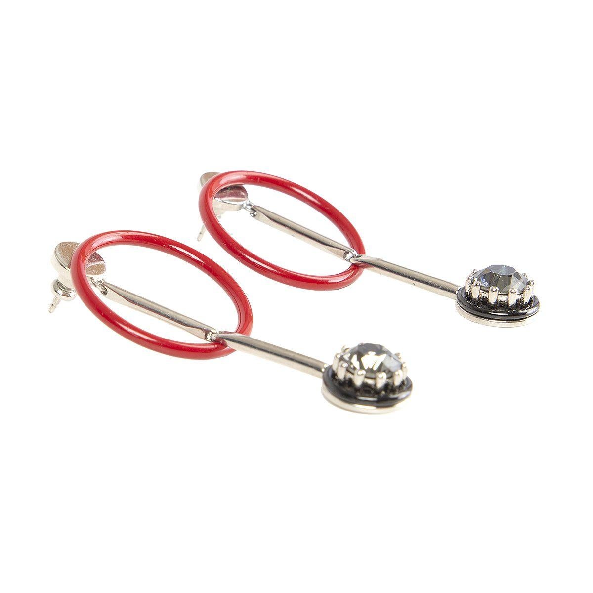 Christian Dior red metal hoop earrings with crystal embellished silver-tone metal bar. Has been worn and is in excellent condition. 

Width 2.5cm (1in)
Height 2.5cm (1in)
Length 5cm (2in)
Hardware Silver-Tone Metal