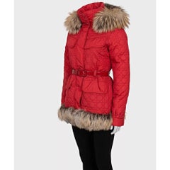 Christian Dior Red Down Coat with Fox Fur Trim - Size 38/M