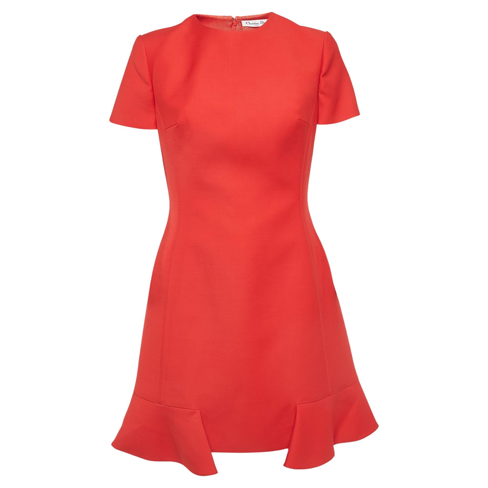 Christian Dior Red Gabardine Flounce Sheath Dress M For Sale