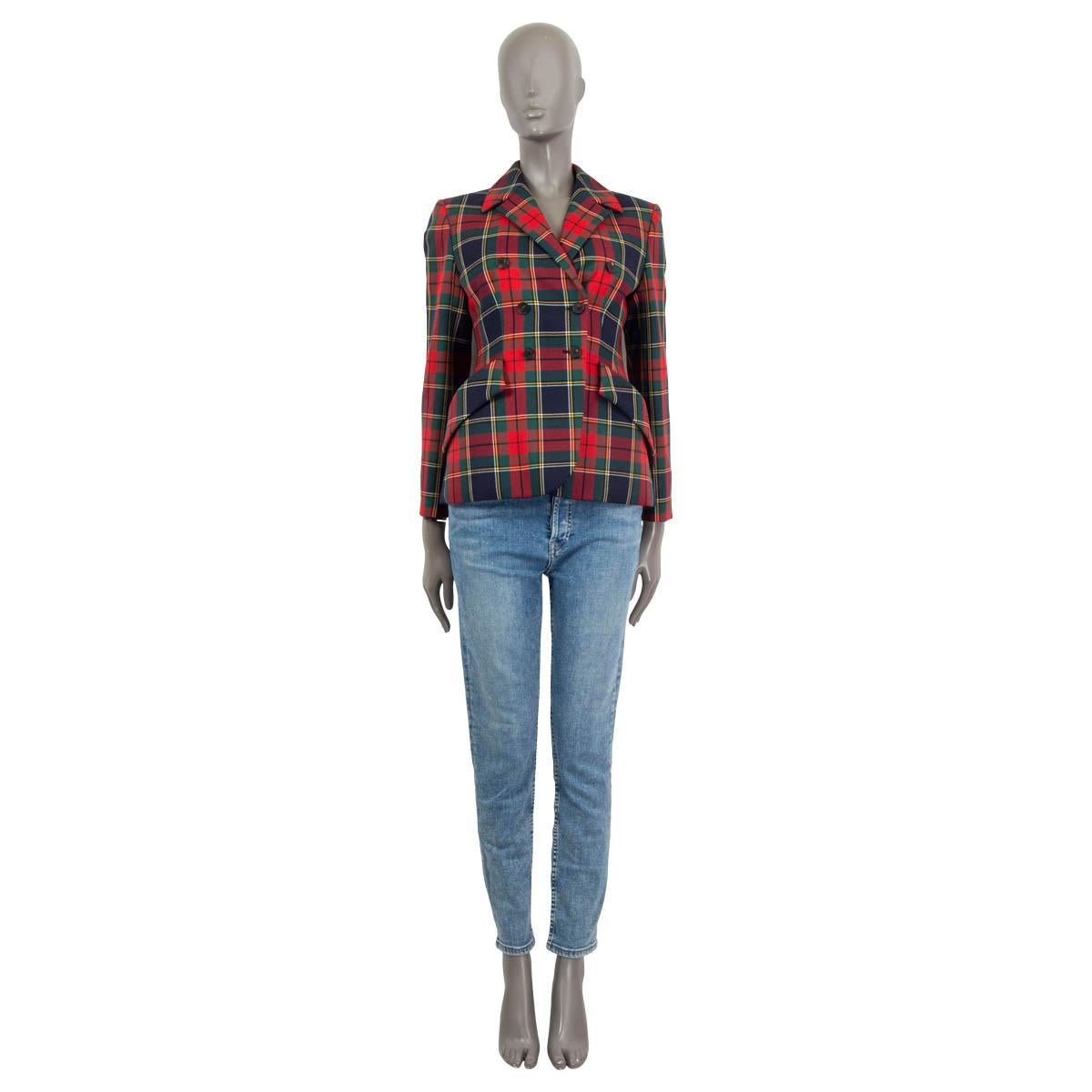 100% authentic Christian Dior 2019 tartan double breasted bar blazer in red, green, navy, yellow and white wool (100%). Features buttoned cuffs, two patch pockets on the front and a notch collar. Opens with five buttons on the front. Lined in black