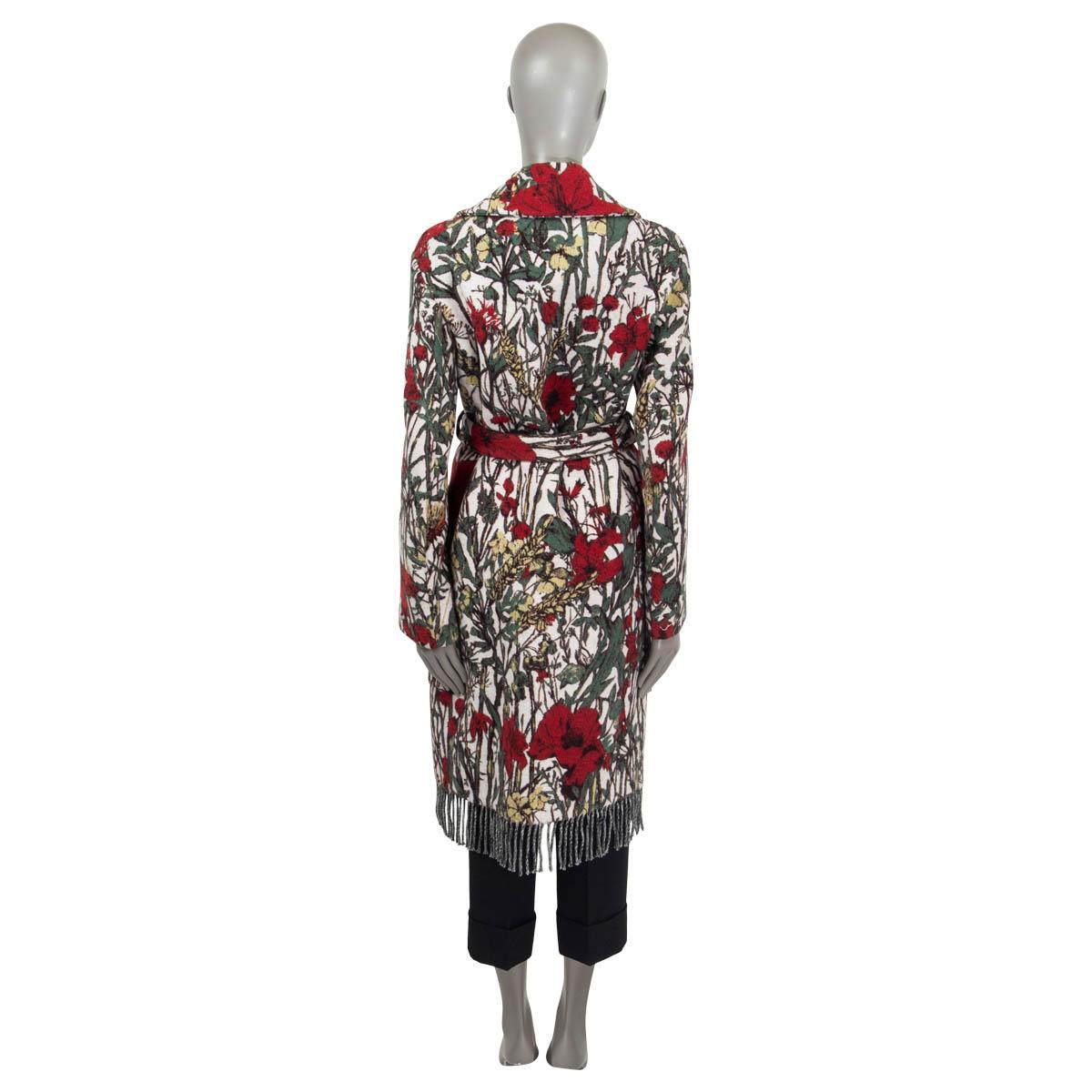 Gray CHRISTIAN DIOR red green wool 2021 FLORAL BELTED FRINGED KNIT Coat Jacket 38 S For Sale