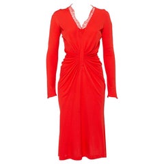 Christian Dior Red Knit Lace Trim Draped Detail Midi Dress L