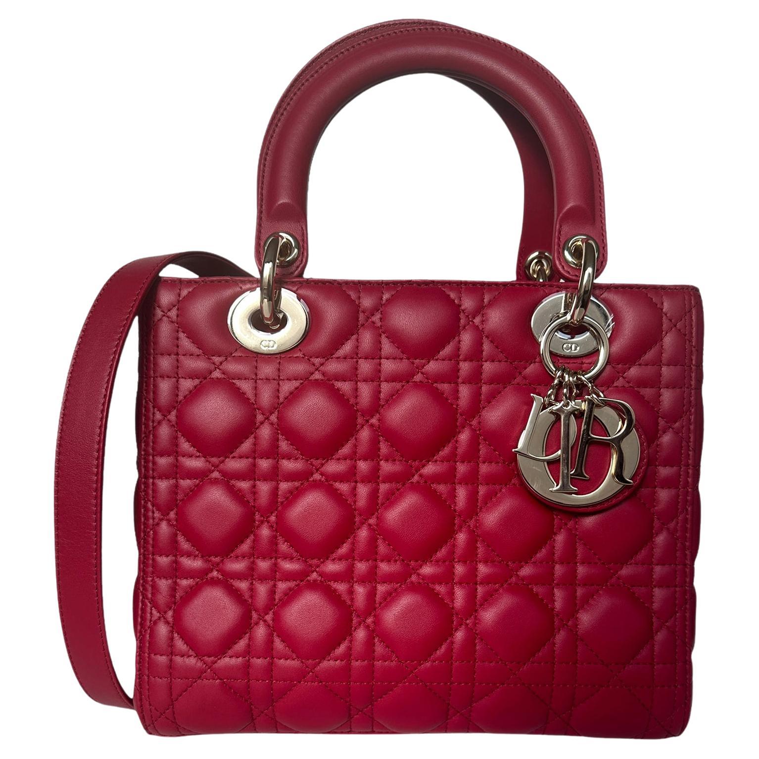 Christian Dior Red Leather Cannage Quilted Medium Lady Dior Bag