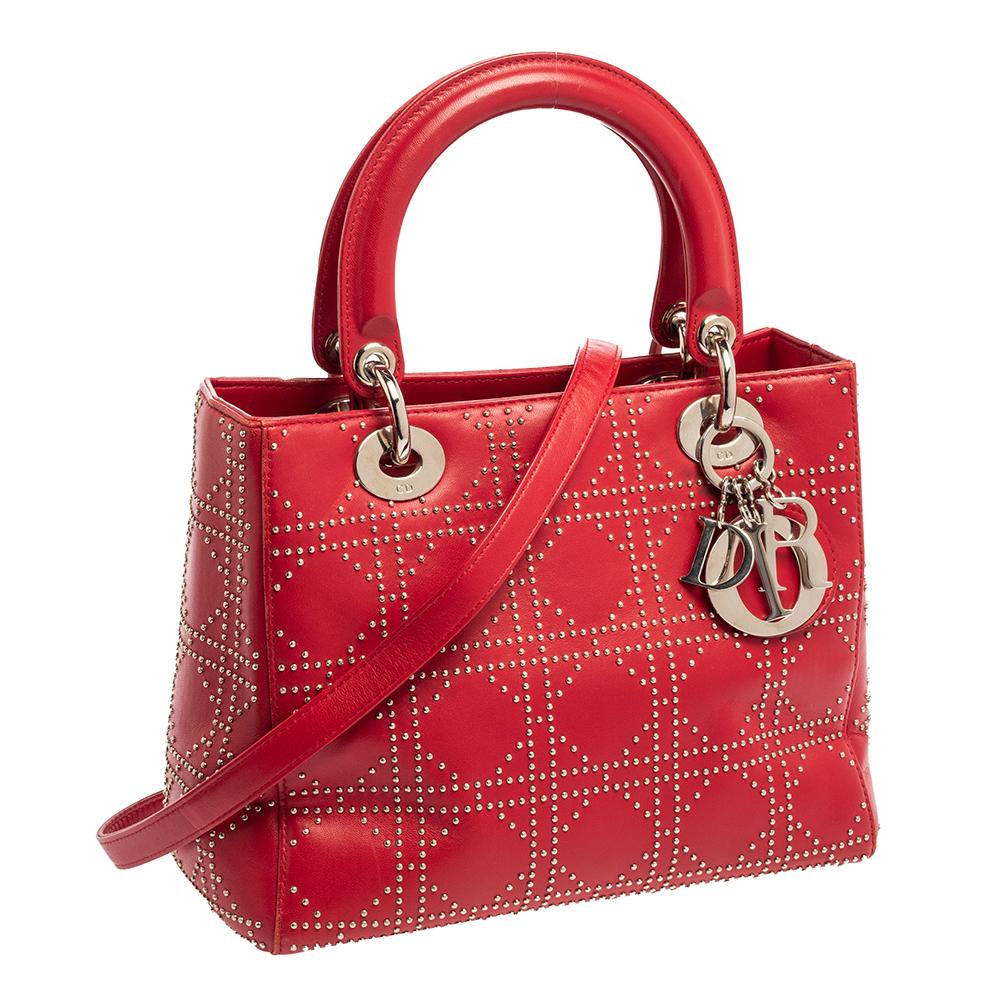 Women's Christian Dior Red Leather Medium Cannage Studded Vintage Lady Dior Tote