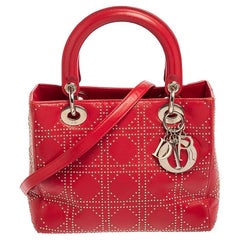 Christian Dior Red Leather Medium Cannage Studded Vintage Lady Dior Tote