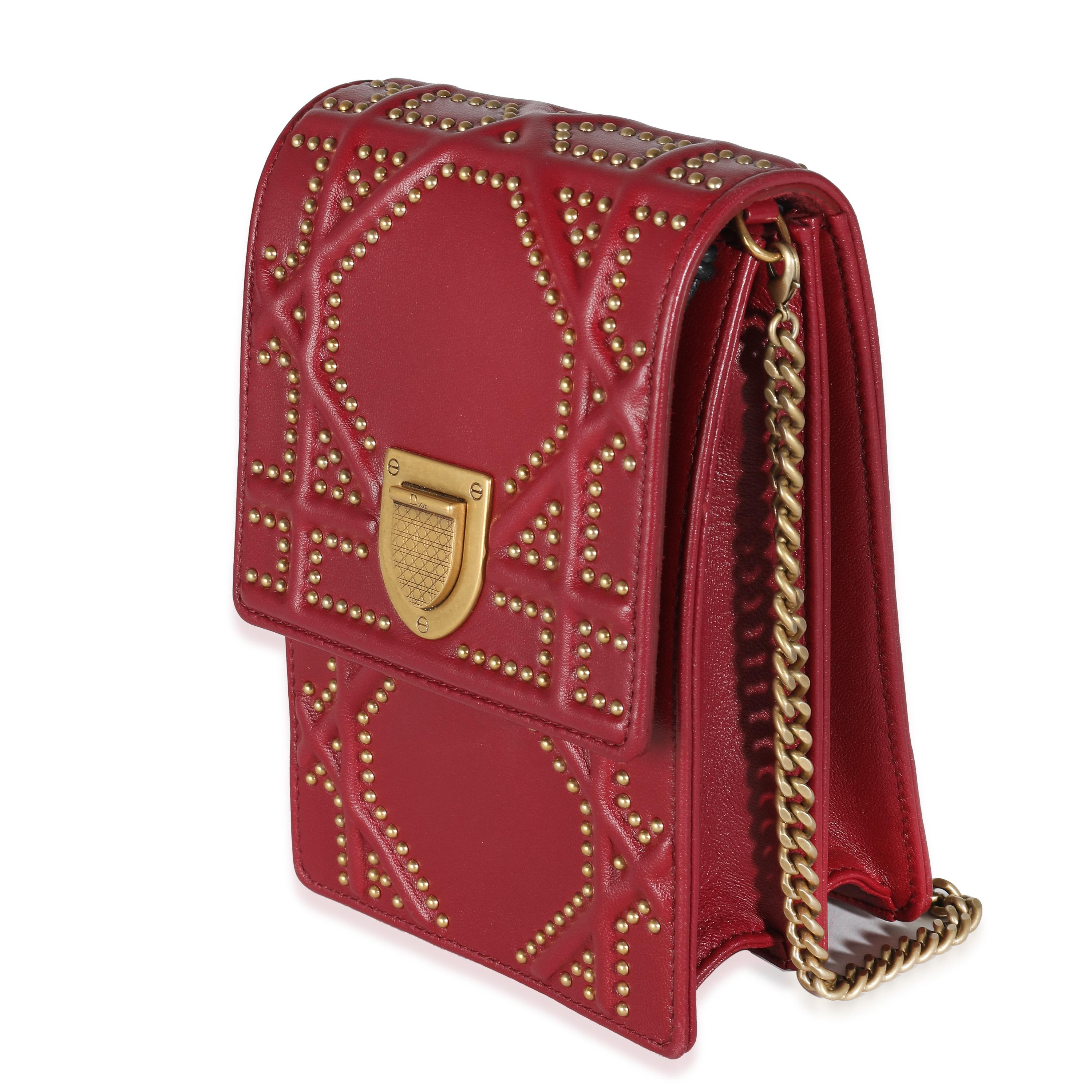 Women's or Men's Christian Dior Red Leather Studded Diorama Vertical Clutch On Chain For Sale