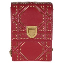 Christian Dior Red Leather Studded Diorama Vertical Clutch On Chain