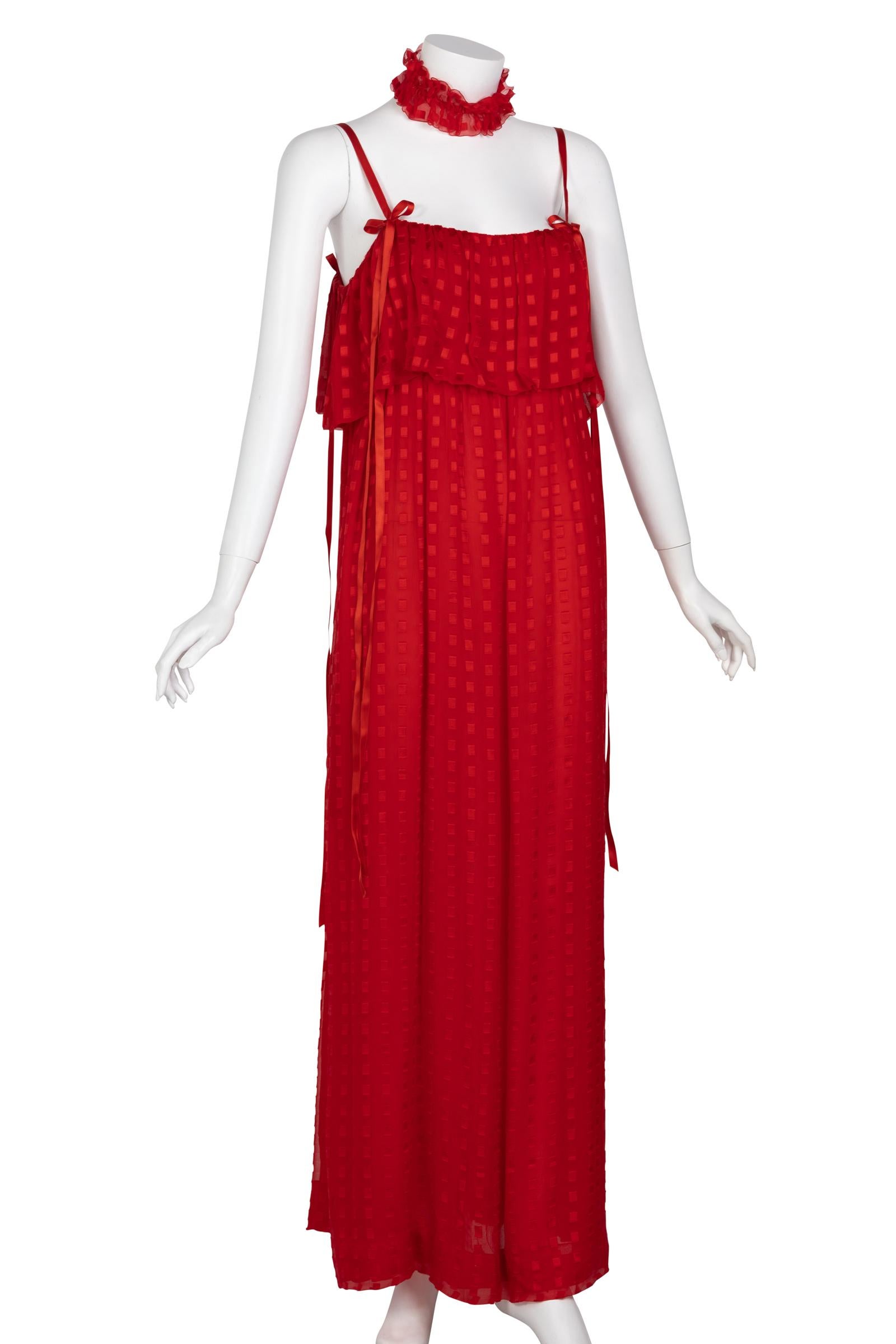 Christian Dior Red Maxi Dress & Shawl Documented 1970s In Excellent Condition In Boca Raton, FL