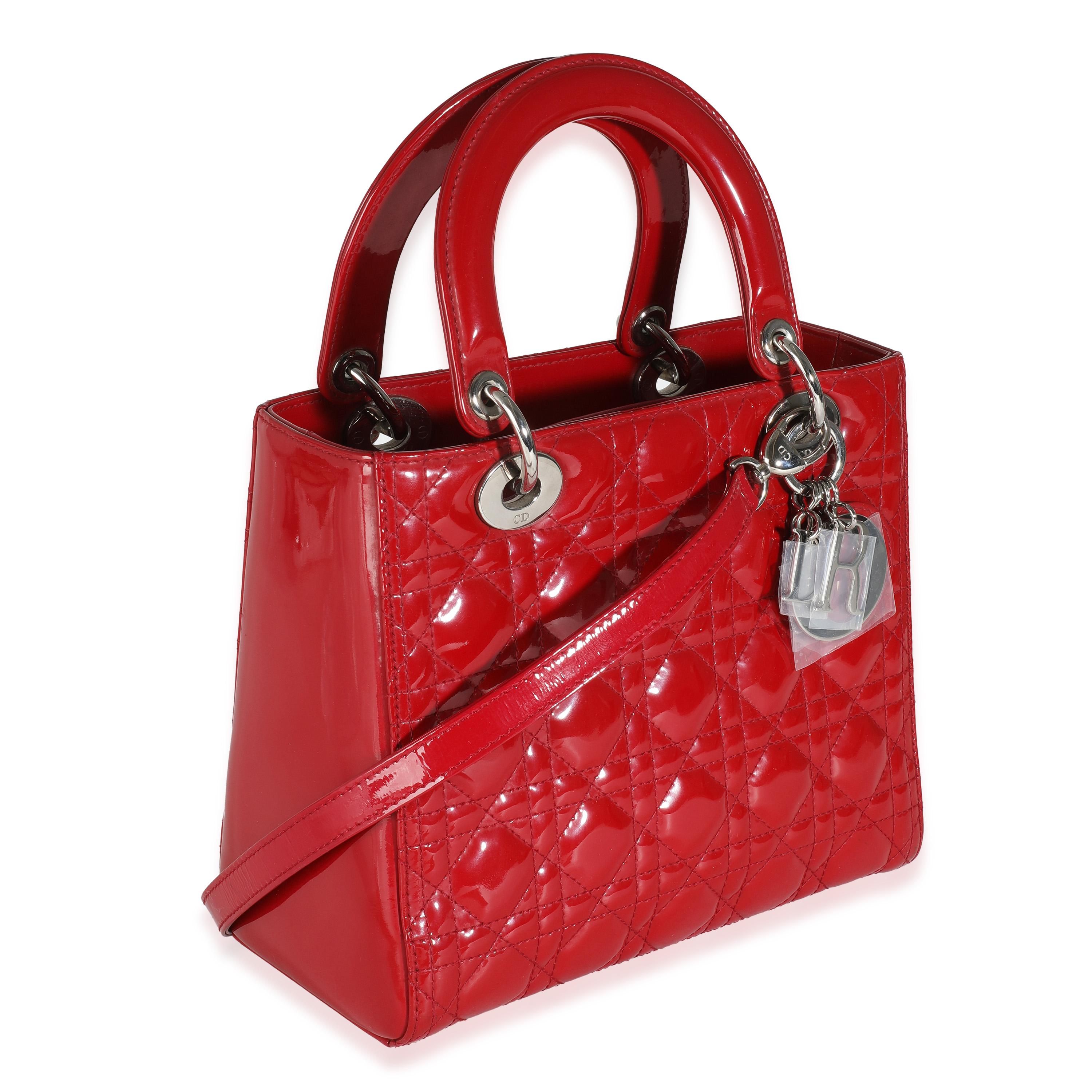 Christian Dior Red Patent Cannage Medium Lady Dior In Excellent Condition For Sale In New York, NY