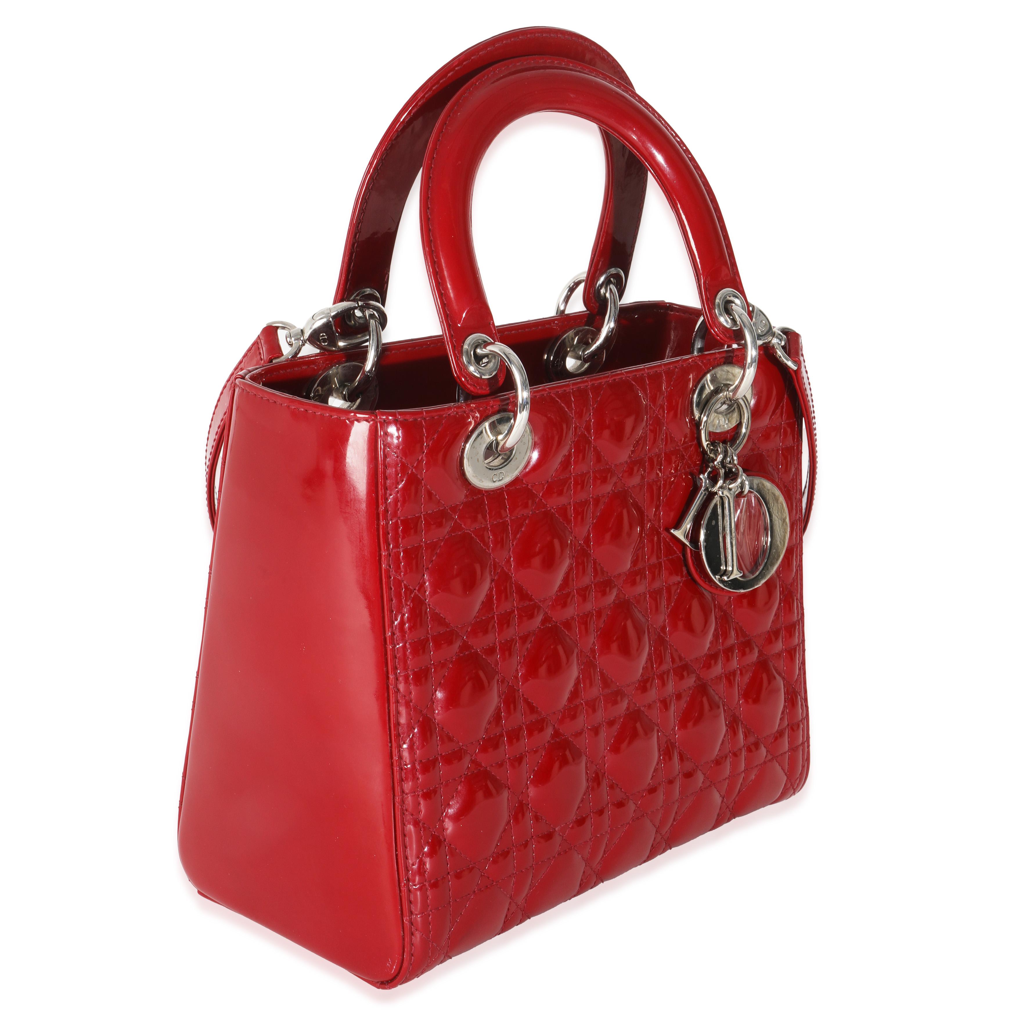 Christian Dior Red Patent Cannage Medium Lady Dior In Excellent Condition For Sale In New York, NY